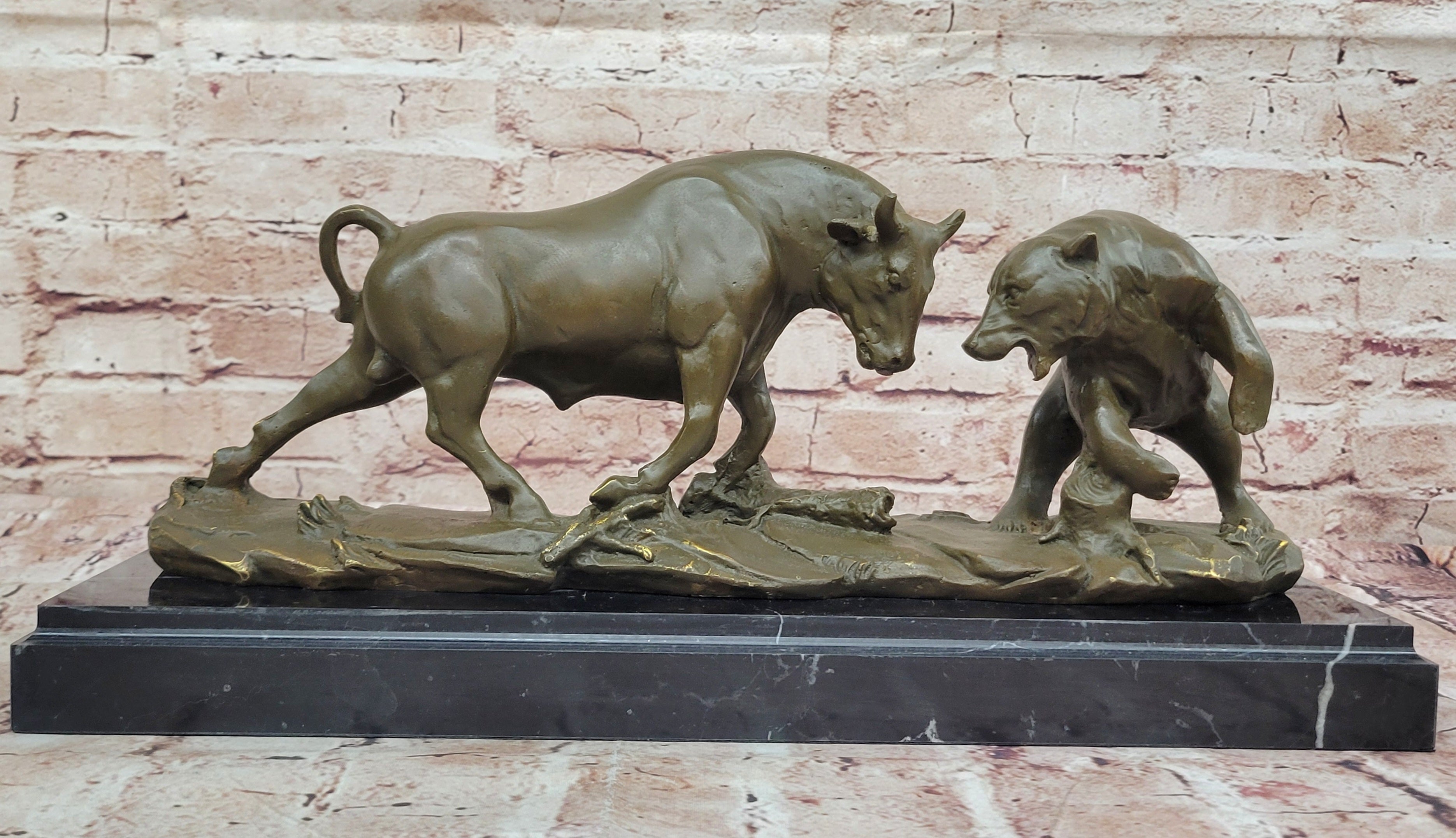Bull and Bear Bronze Sculpture; Wall Street Market Duel Statue