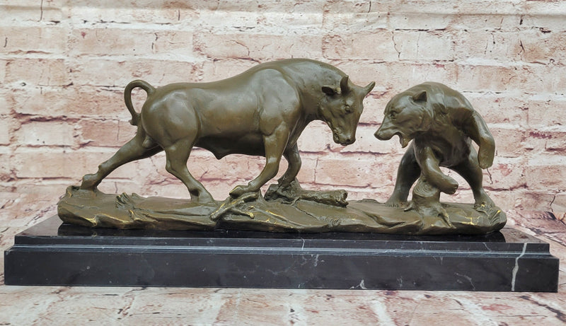 Bull and Bear Bronze Sculpture; Wall Street Market Duel Statue