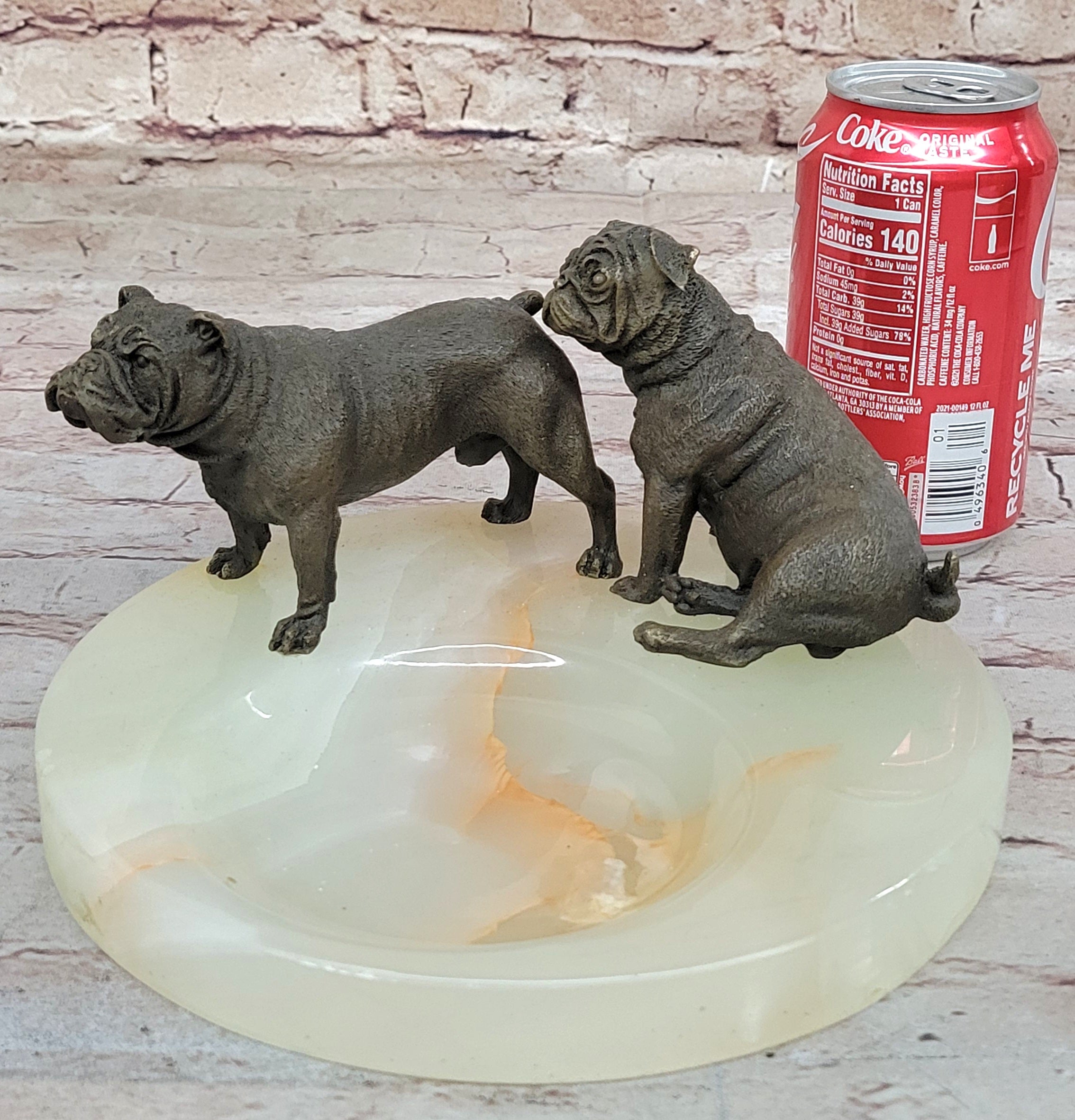 Bronze Bulldog & Pug Dog Figurines on Marble - Soap Dish Ashtray Handmade Art