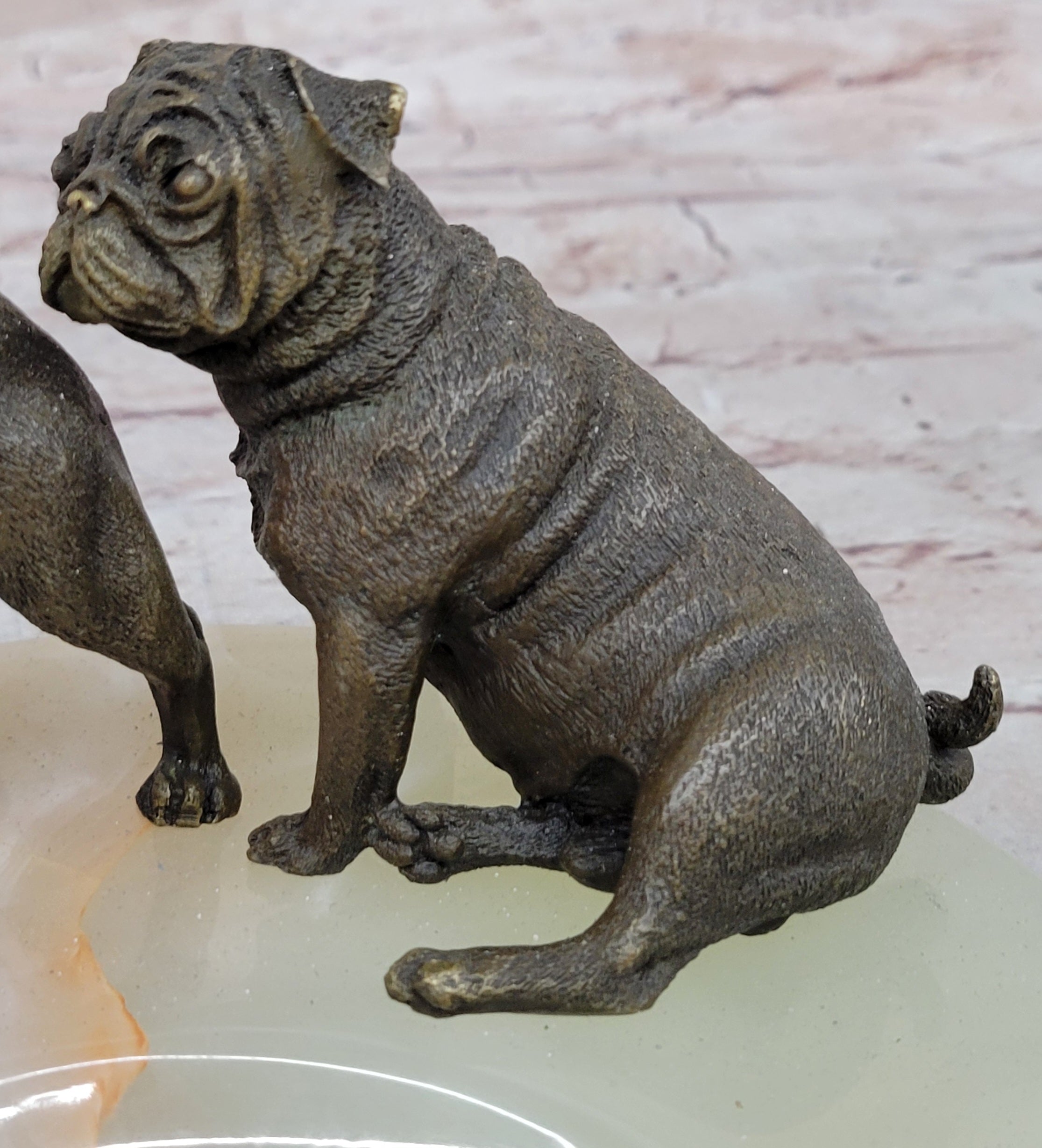Bronze Bulldog & Pug Dog Figurines on Marble - Soap Dish Ashtray Handmade Art