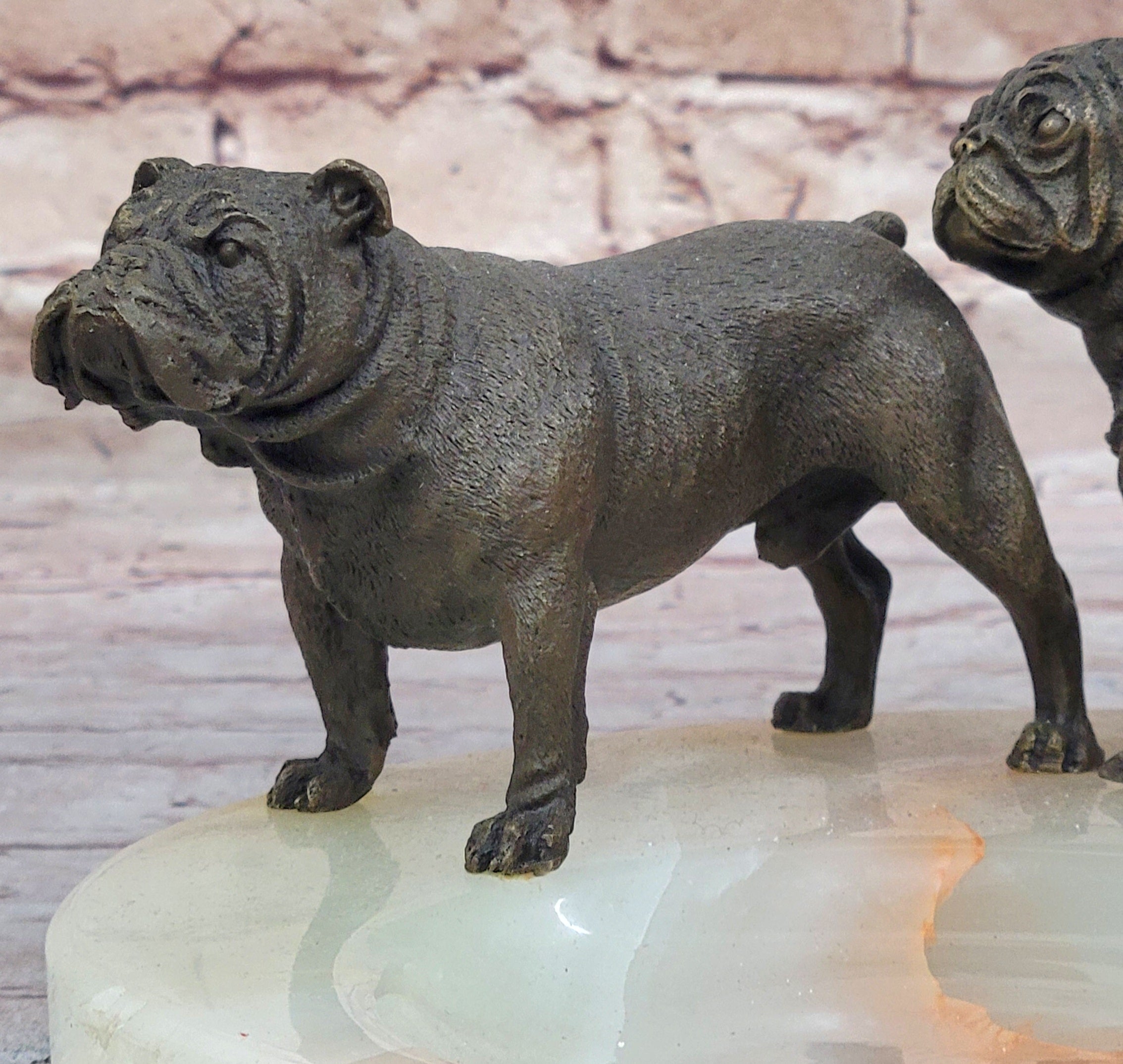 Bronze Bulldog & Pug Dog Figurines on Marble - Soap Dish Ashtray Handmade Art