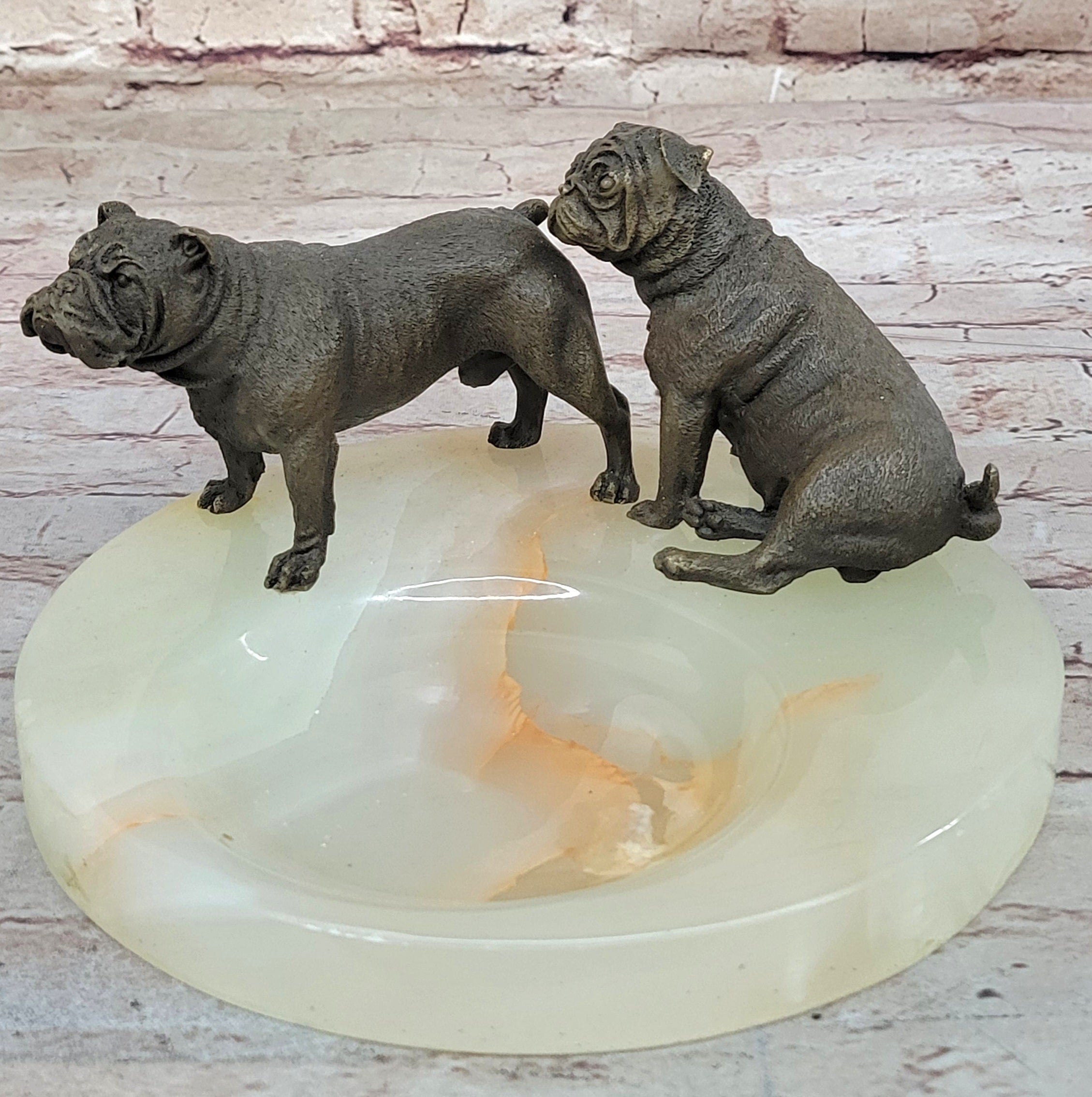 Bronze Bulldog & Pug Dog Figurines on Marble - Soap Dish Ashtray Handmade Art