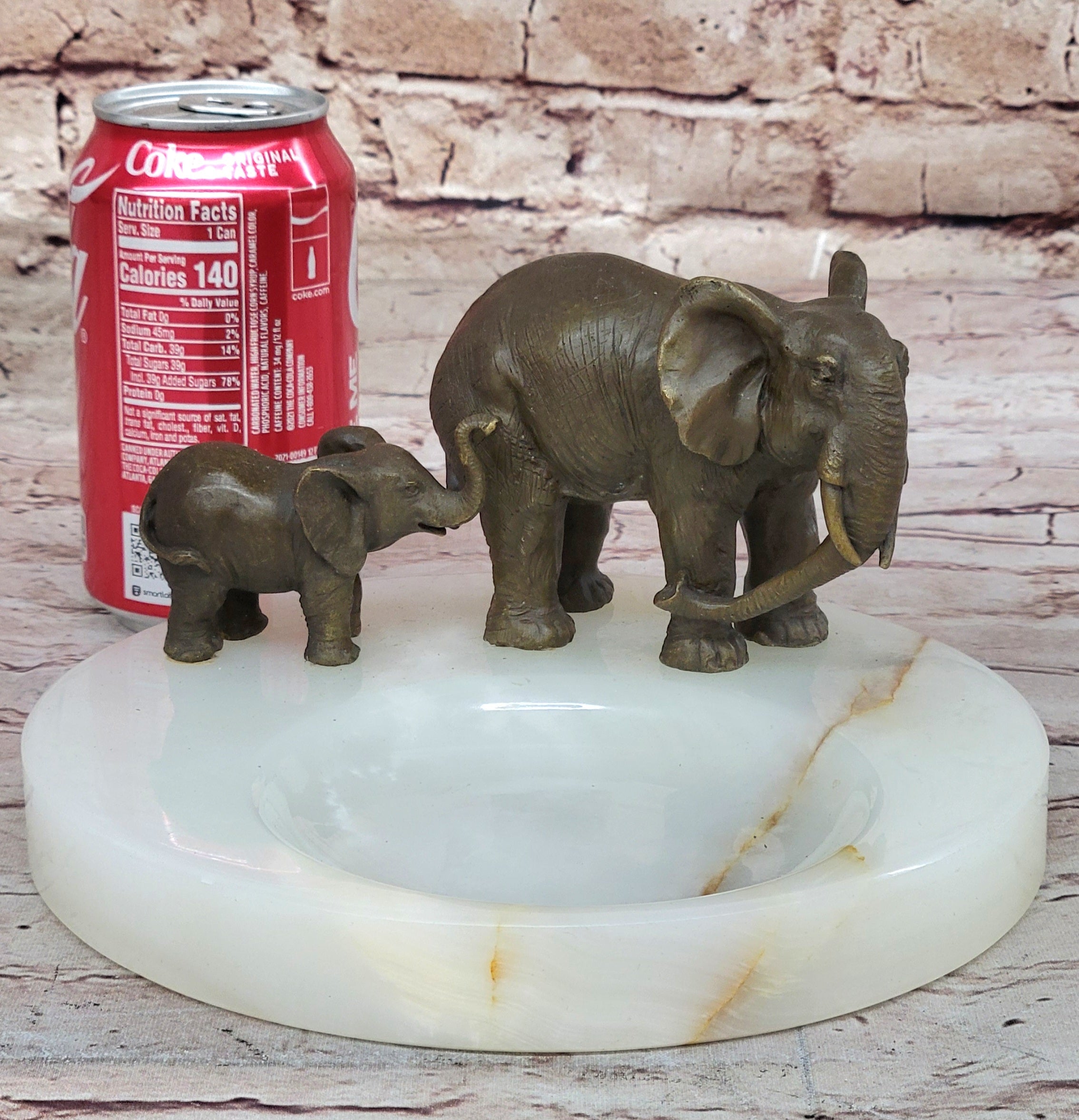 Bronze Metal Elephant Mother & Calf on Marble Soap Dish Ashtray