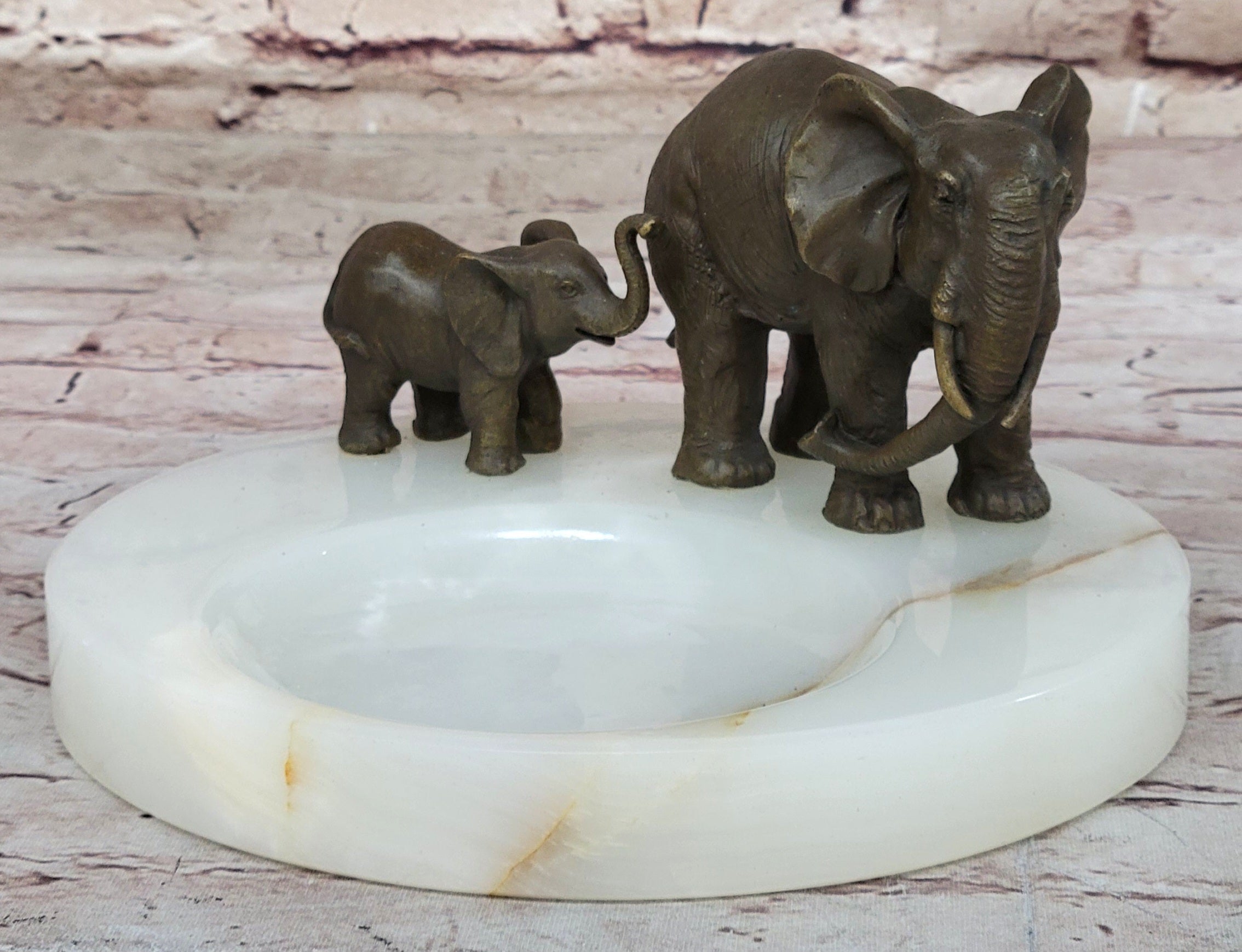 Bronze Metal Elephant Mother & Calf on Marble Soap Dish Ashtray