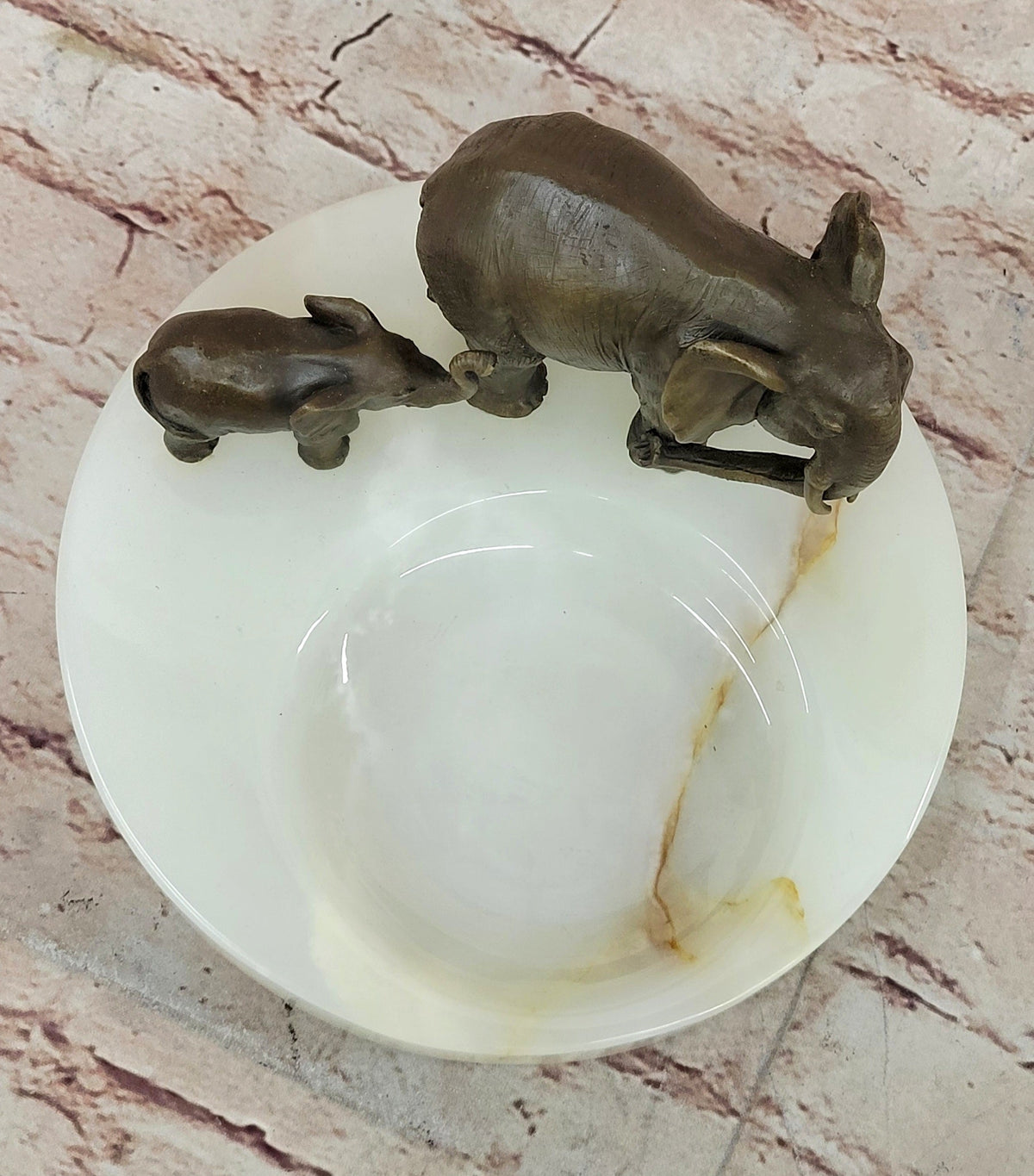 Bronze Metal Elephant Mother & Calf on Marble Soap Dish Ashtray