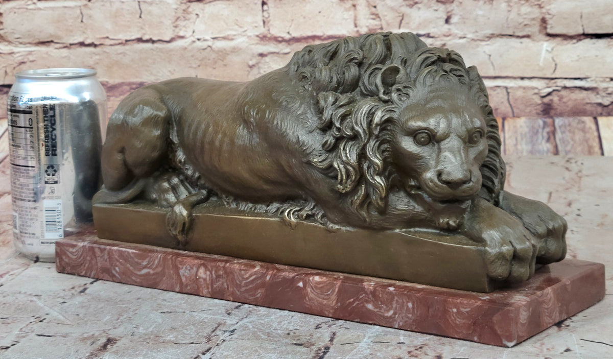 Guardian Lion Bronze Statue Sculpture Figure on Red Marble Base 7" x 12.5"