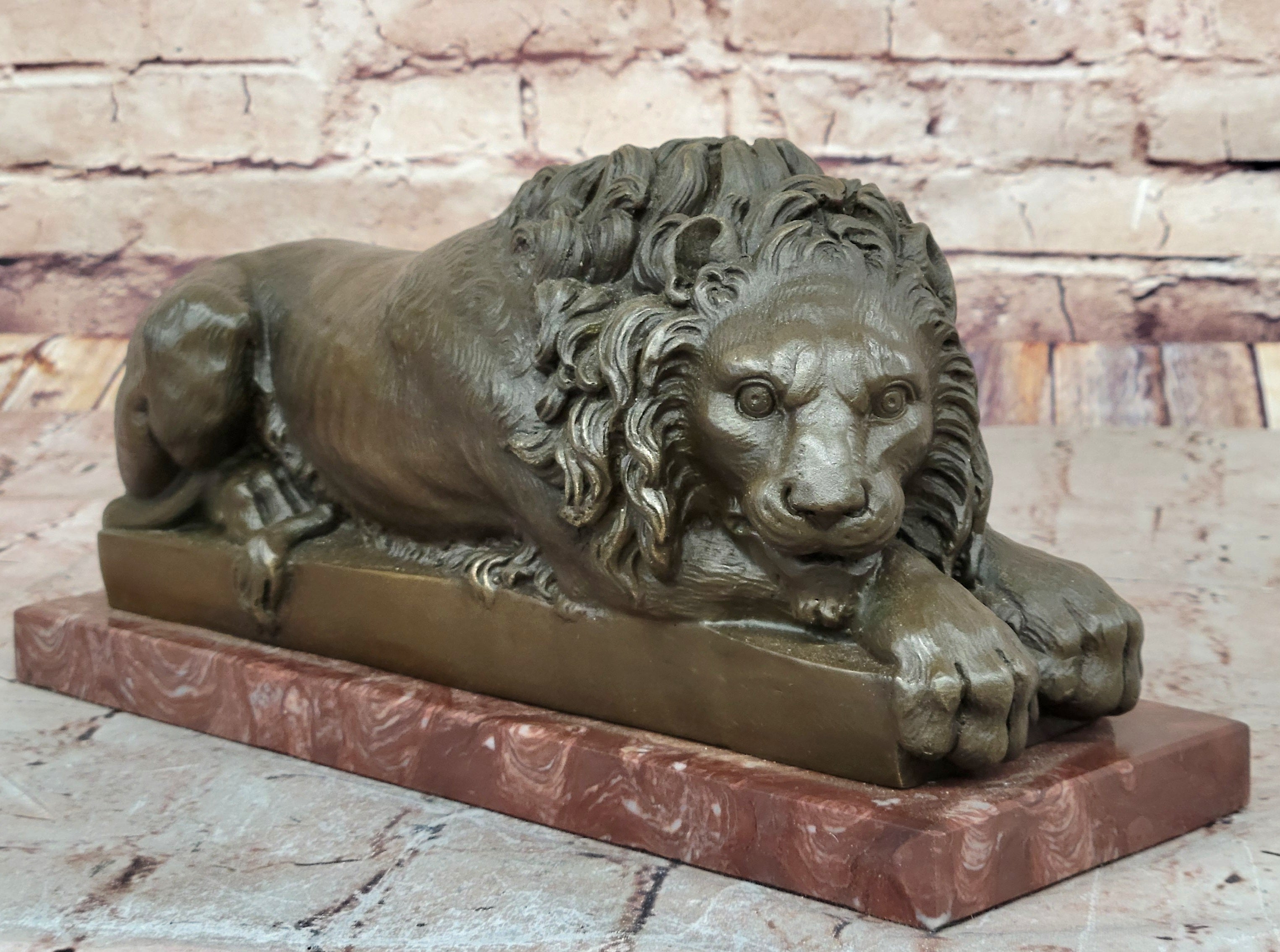 Guardian Lion Bronze Statue Sculpture Figure on Red Marble Base 7" x 12.5"