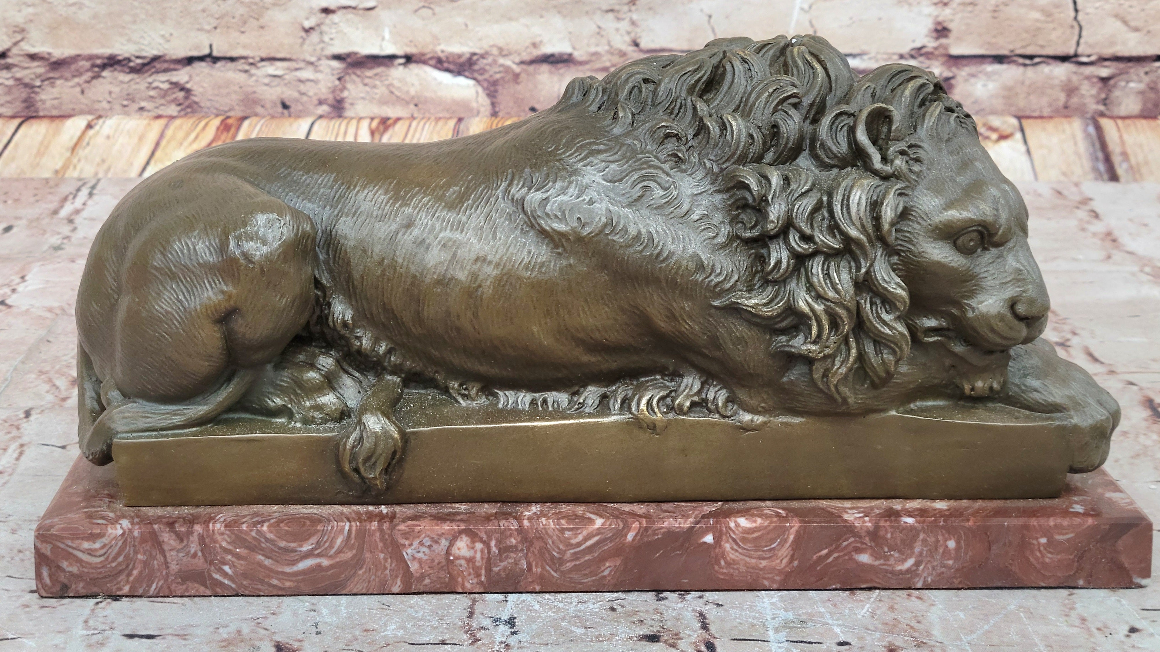 Guardian Lion Bronze Statue Sculpture Figure on Red Marble Base 7" x 12.5"