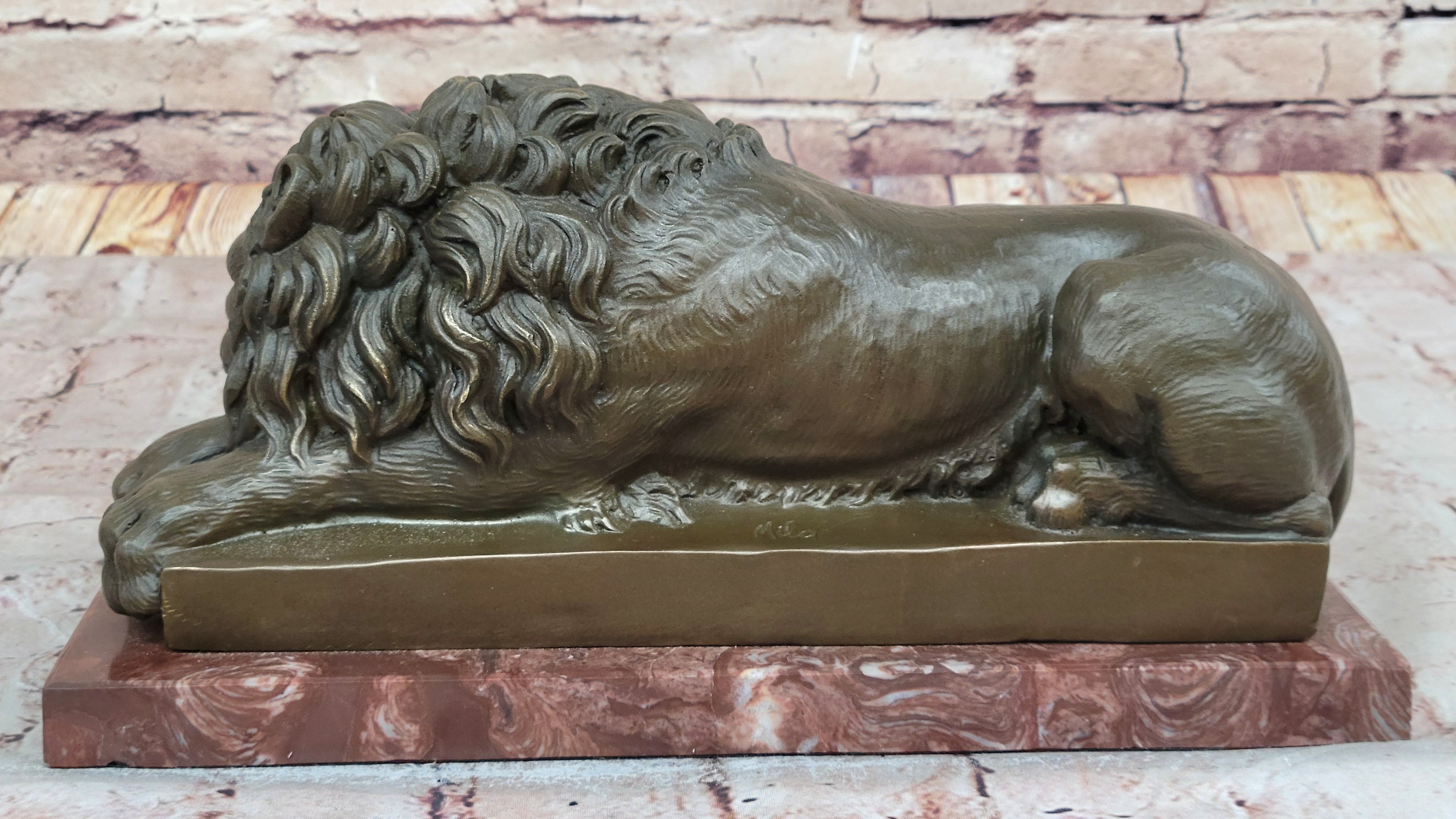 Guardian Lion Bronze Statue Sculpture Figure on Red Marble Base 7" x 12.5"