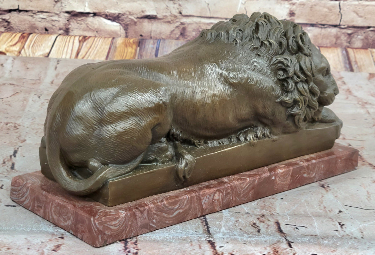 Guardian Lion Bronze Statue Sculpture Figure on Red Marble Base 7" x 12.5"
