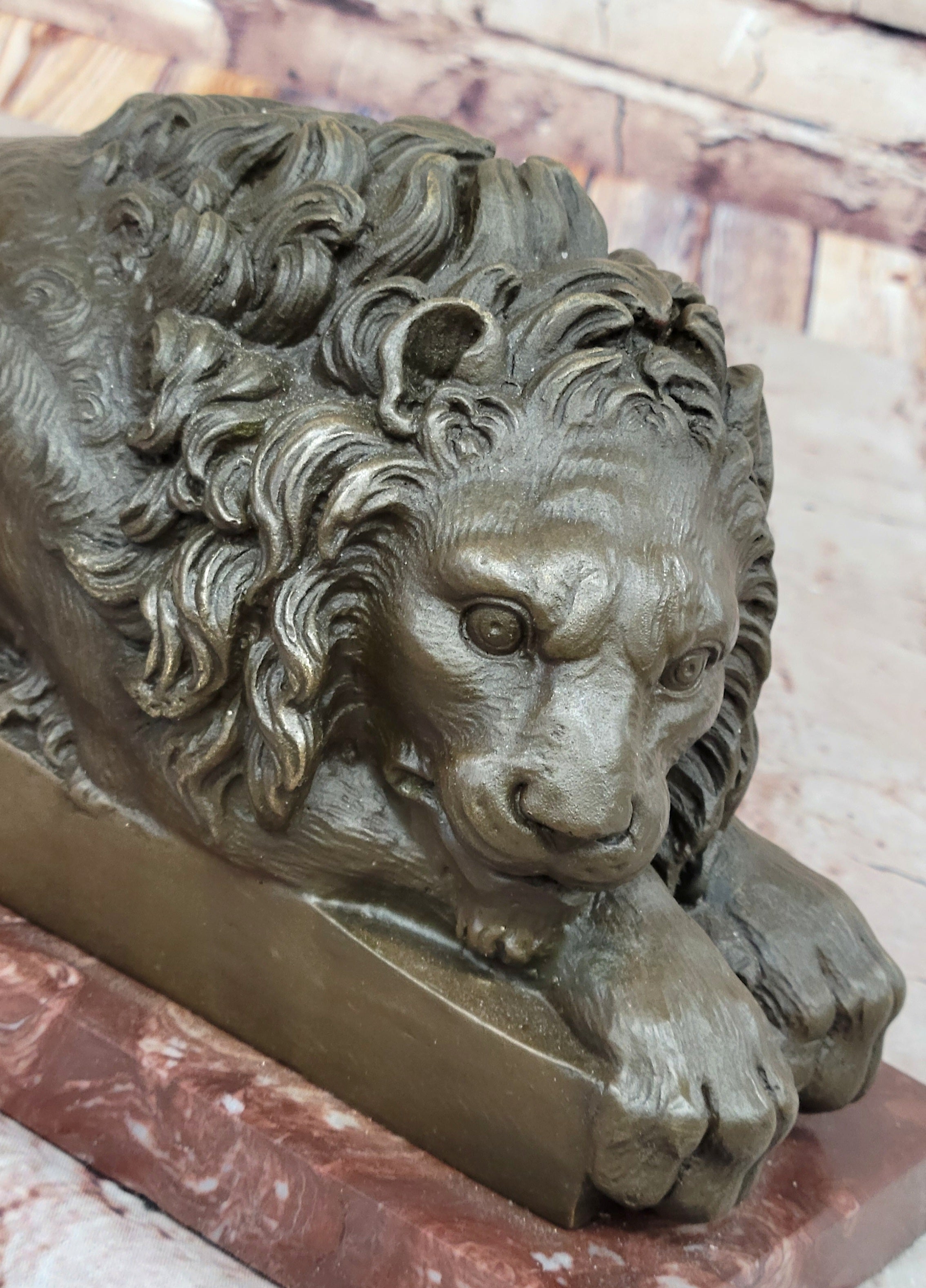 Guardian Lion Bronze Statue Sculpture Figure on Red Marble Base 7" x 12.5"