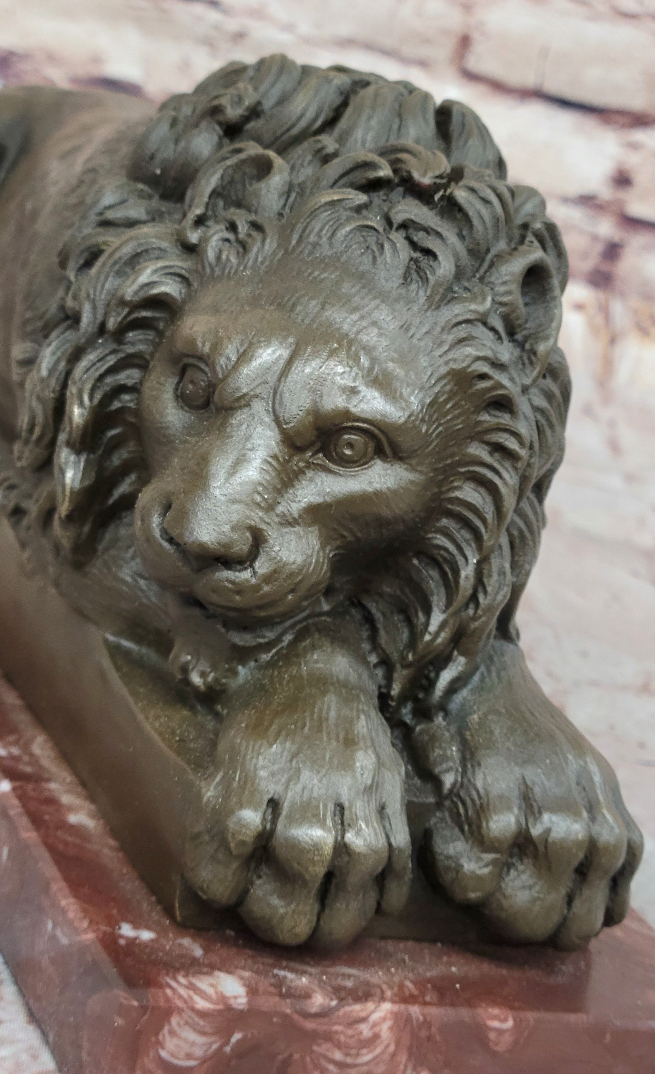Guardian Lion Bronze Statue Sculpture Figure on Red Marble Base 7" x 12.5"
