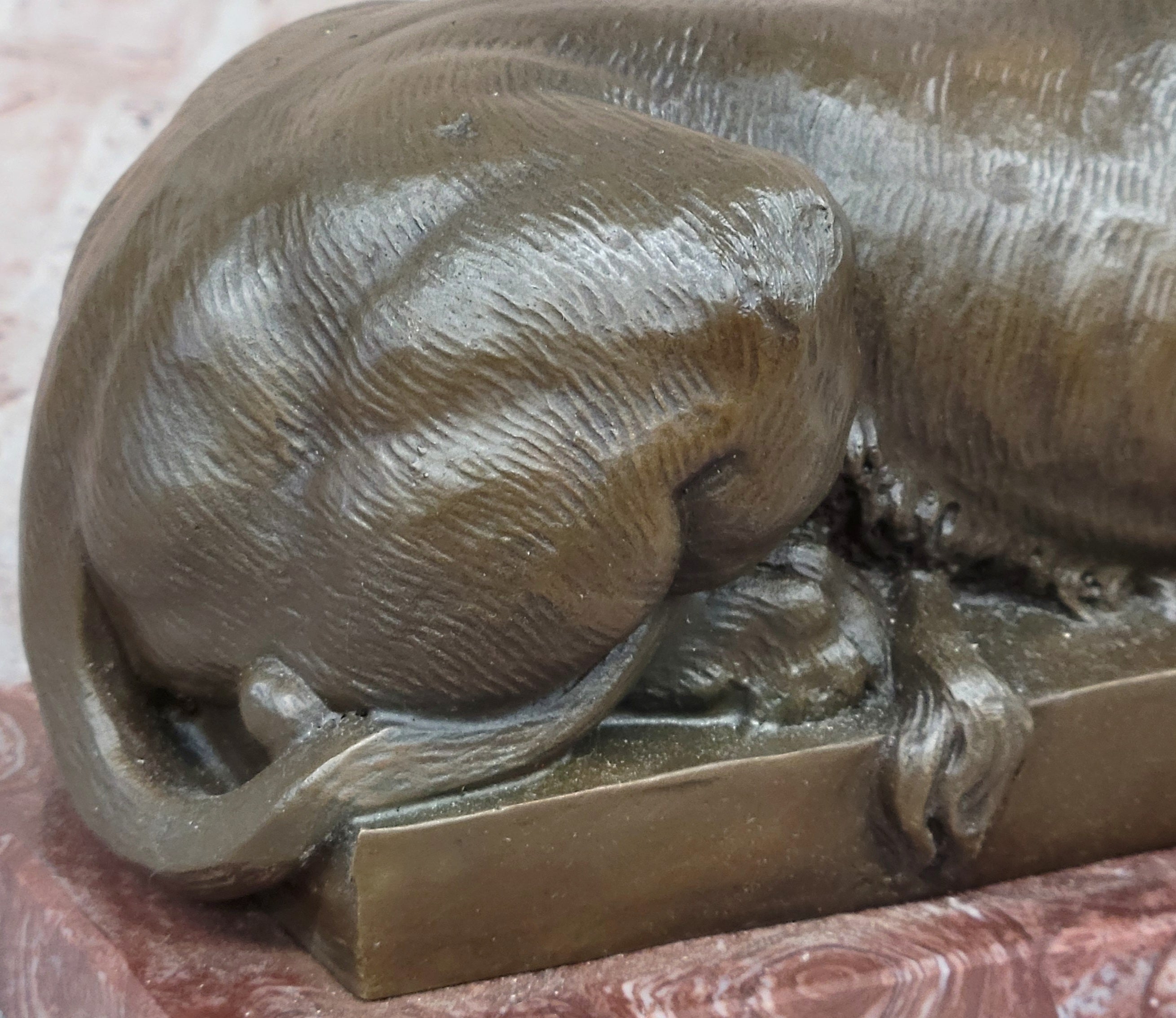 Guardian Lion Bronze Statue Sculpture Figure on Red Marble Base 7" x 12.5"