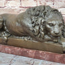 Guardian Lion Bronze Statue Sculpture Figure on Red Marble Base 7" x 12.5"