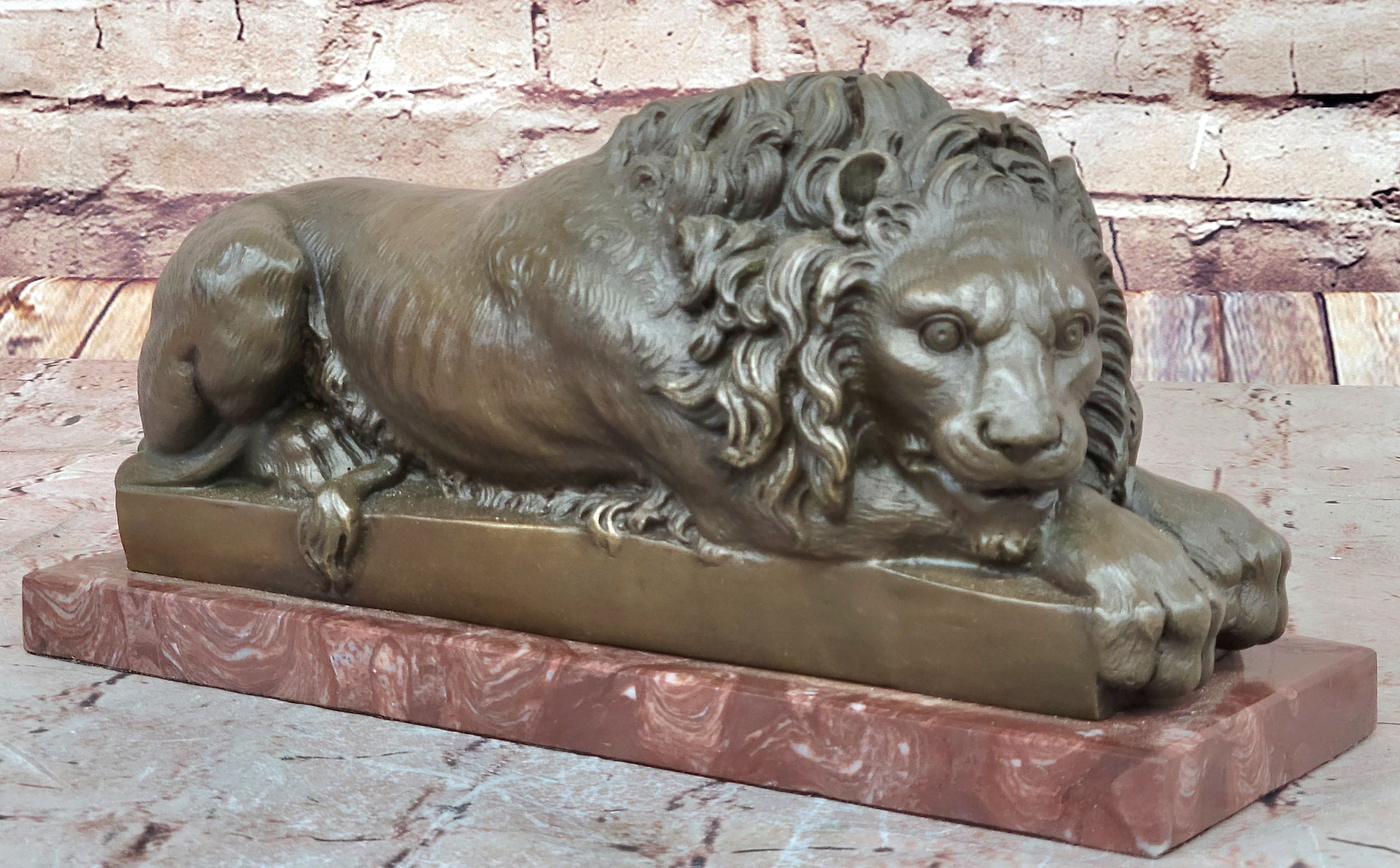 Guardian Lion Bronze Statue Sculpture Figure on Red Marble Base 7" x 12.5"