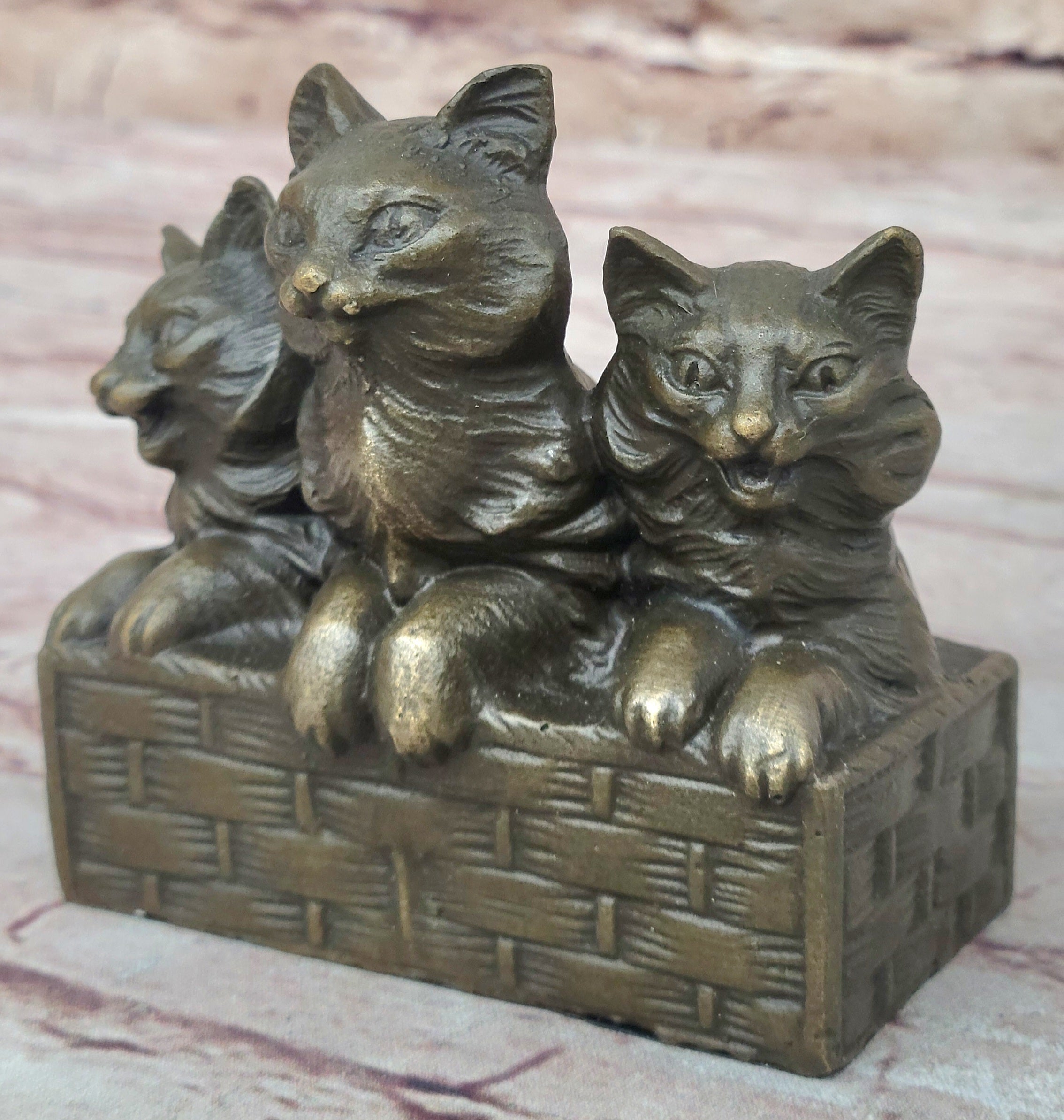 Three Cute Kittens Cats in a Flower Box - Bronze Sculpture Original Art by Milo