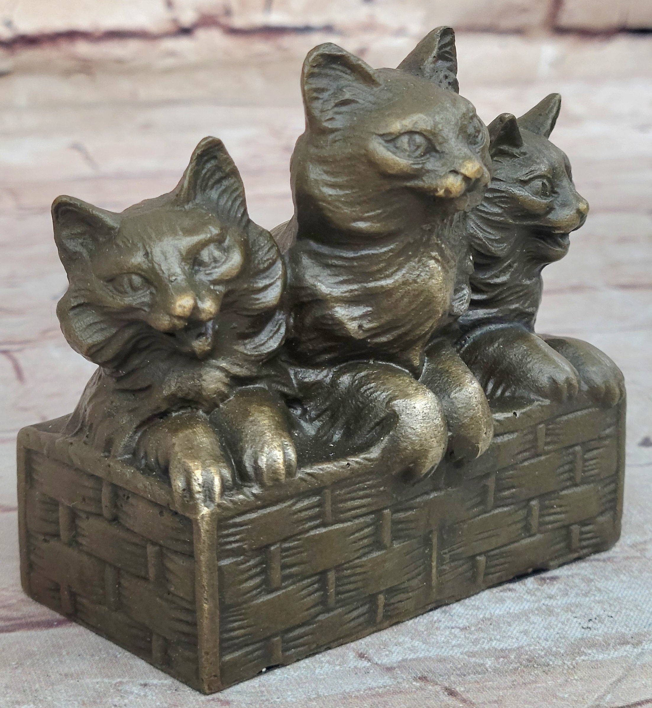 Three Cute Kittens Cats in a Flower Box - Bronze Sculpture Original Art by Milo