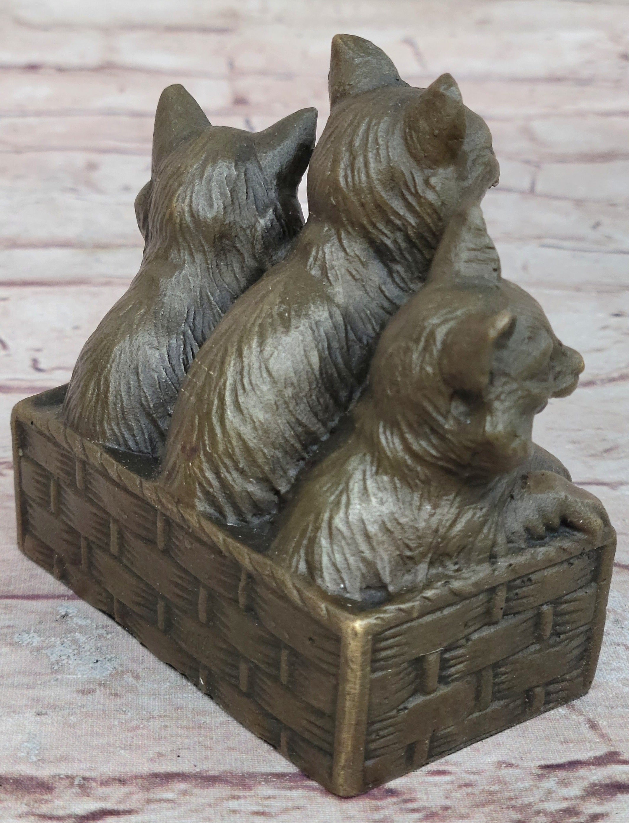 Three Cute Kittens Cats in a Flower Box - Bronze Sculpture Original Art by Milo