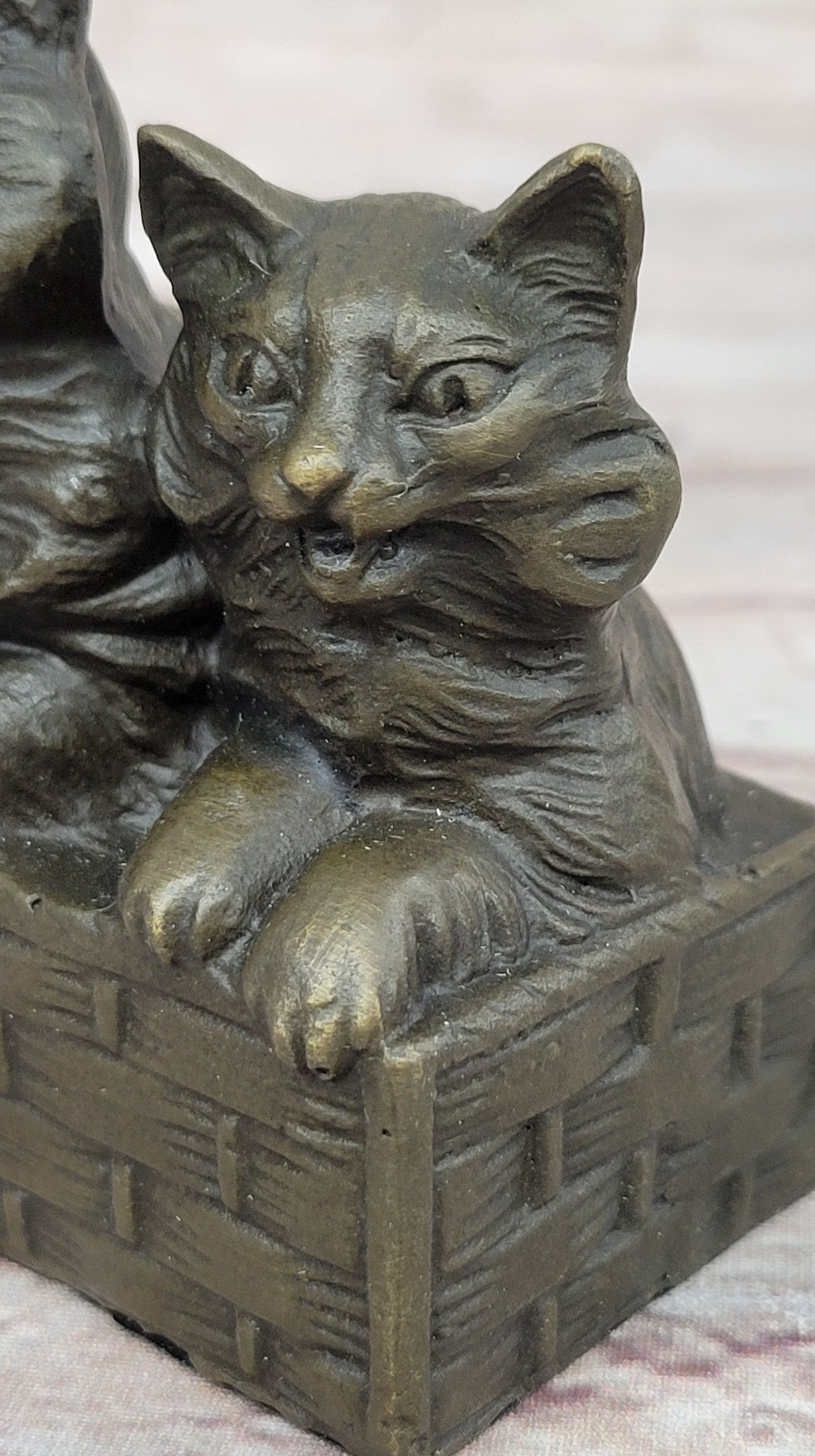 Three Cute Kittens Cats in a Flower Box - Bronze Sculpture Original Art by Milo