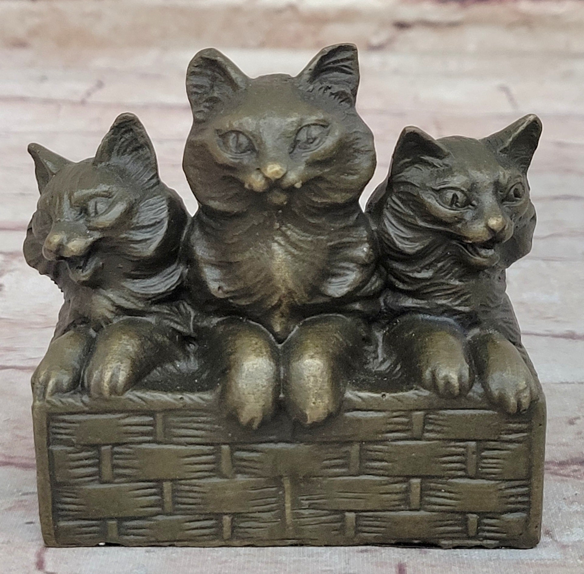 Three Cute Kittens Cats in a Flower Box - Bronze Sculpture Original Art by Milo