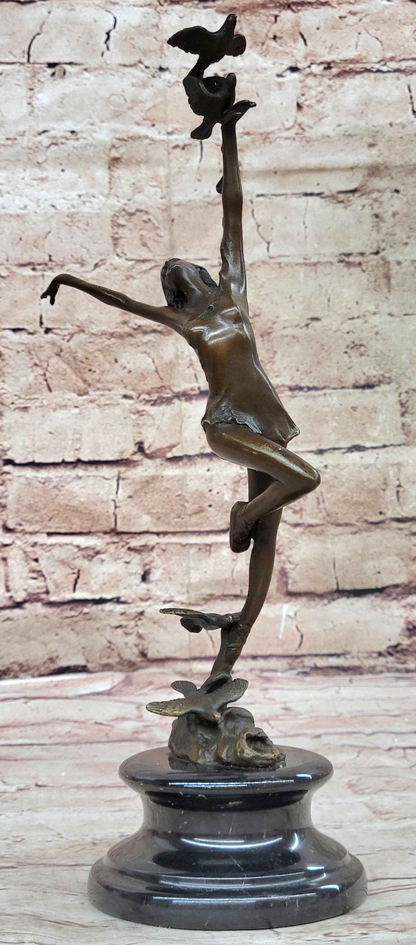 Girl Dancing with Birds Bronze Metal Statue Sculpture Original Art Marble Base