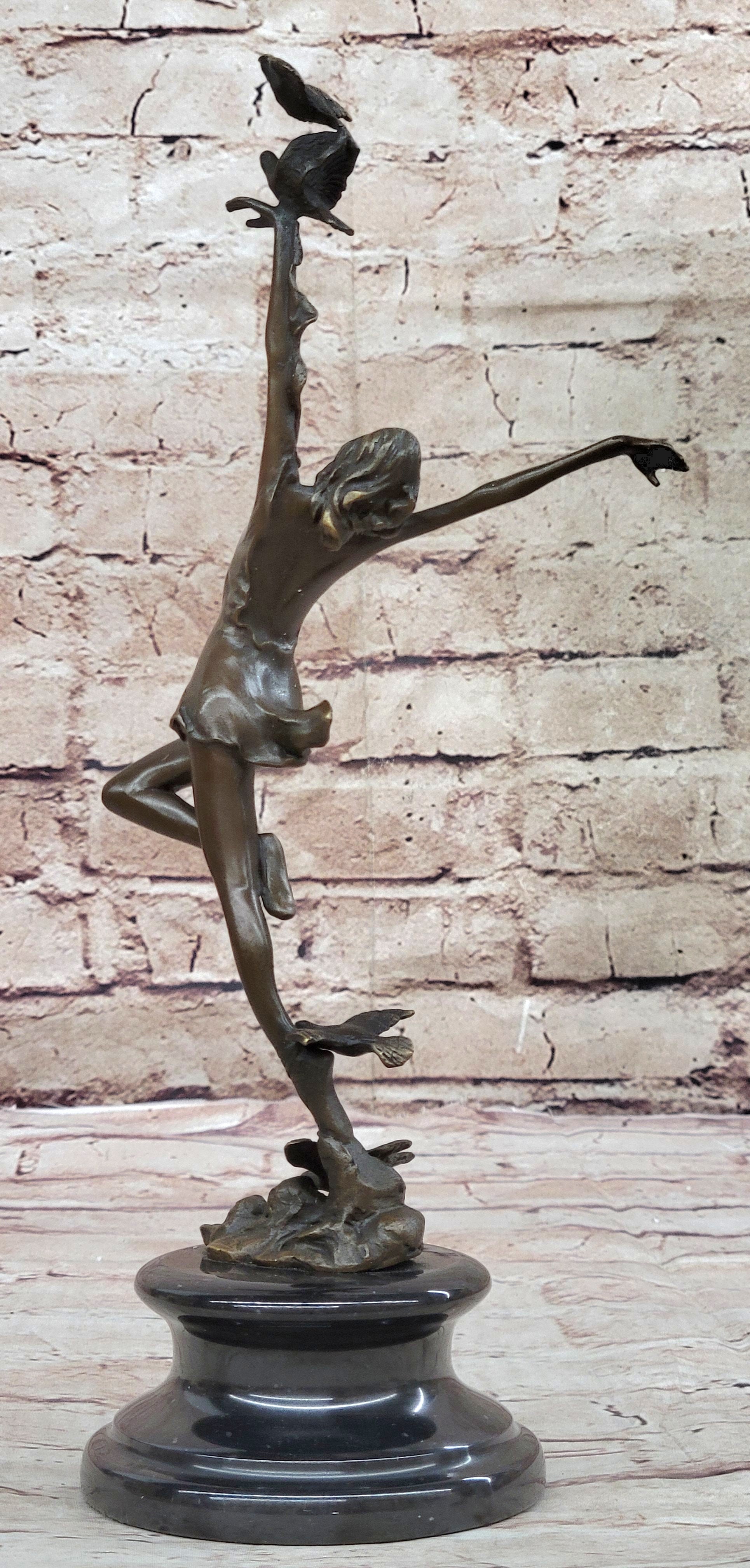 Girl Dancing with Birds Bronze Metal Statue Sculpture Original Art Marble Base