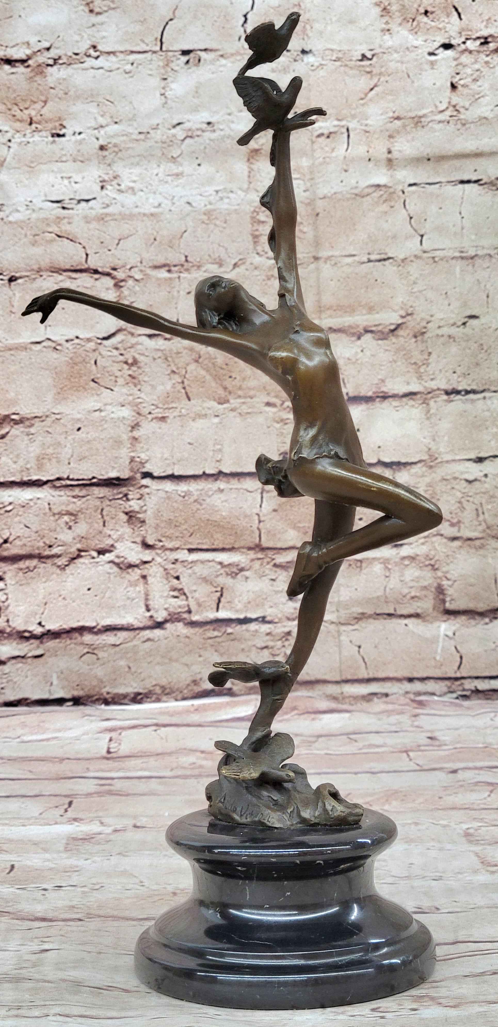Girl Dancing with Birds Bronze Metal Statue Sculpture Original Art Marble Base
