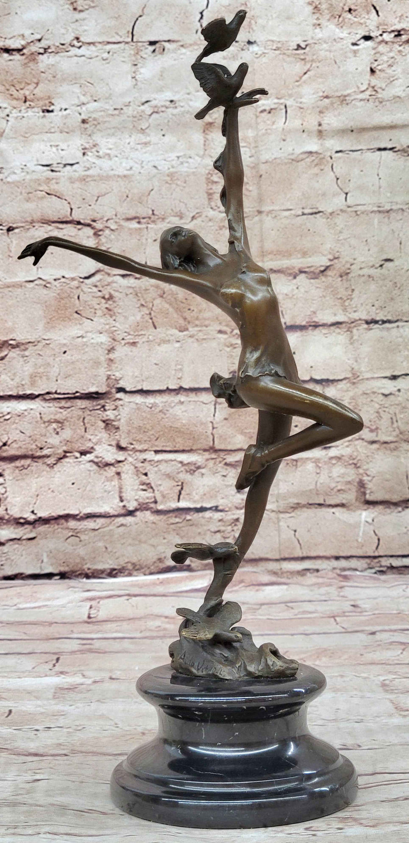 Girl Dancing with Birds Bronze Metal Statue Sculpture Original Art Marble Base