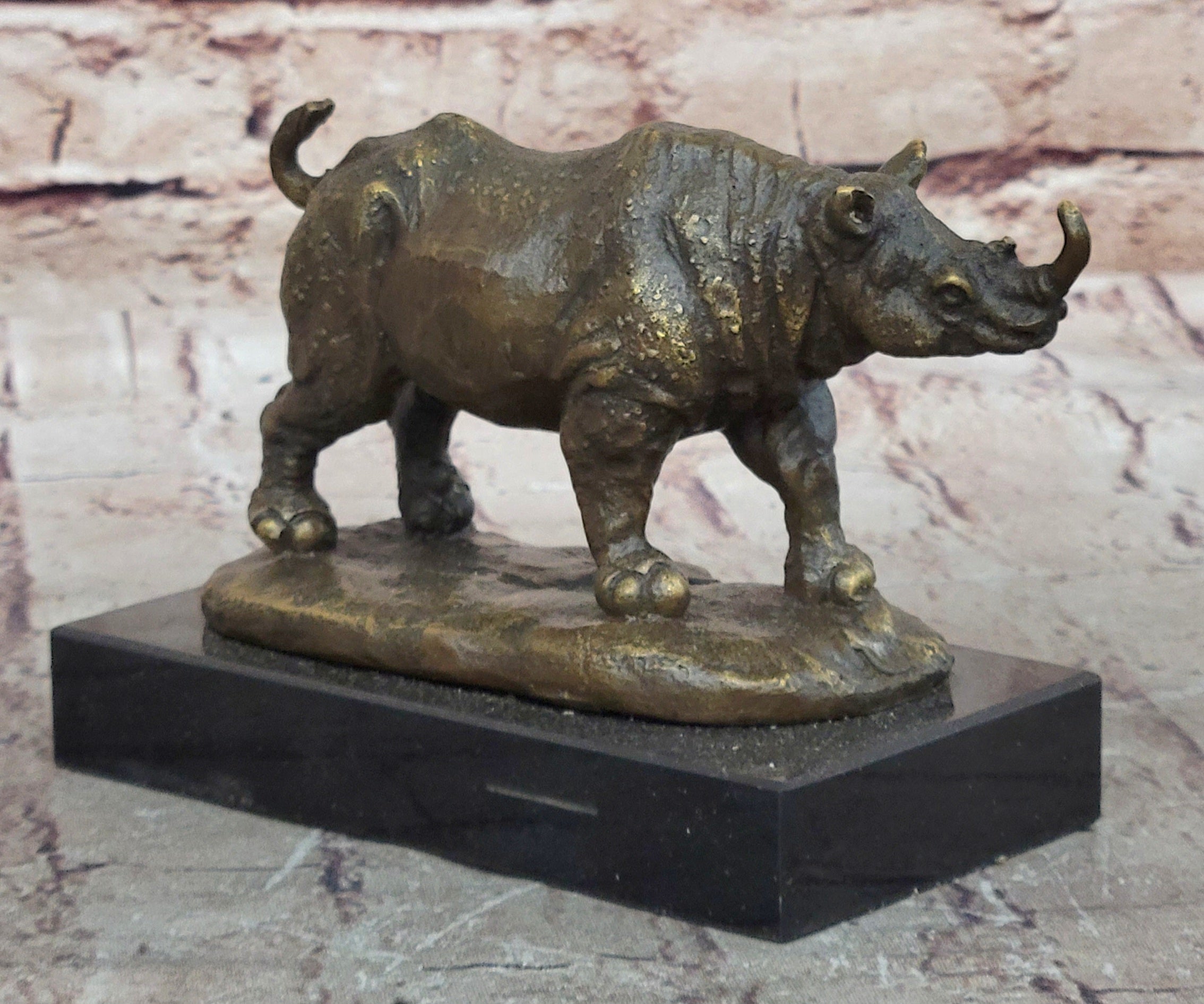 Bronze Rhino Rhinoceros Sculpture on Marble Base; Vintage Wildlife Figurine