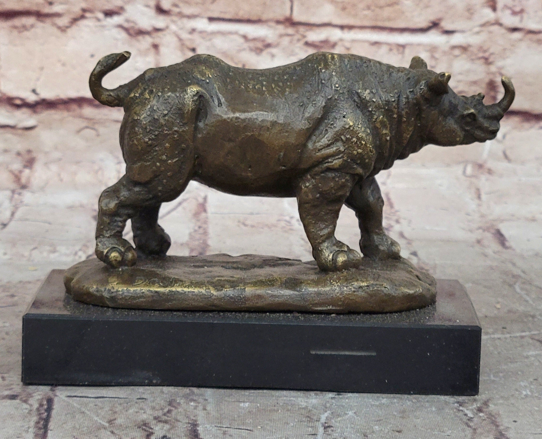 Bronze Rhino Rhinoceros Sculpture on Marble Base; Vintage Wildlife Figurine
