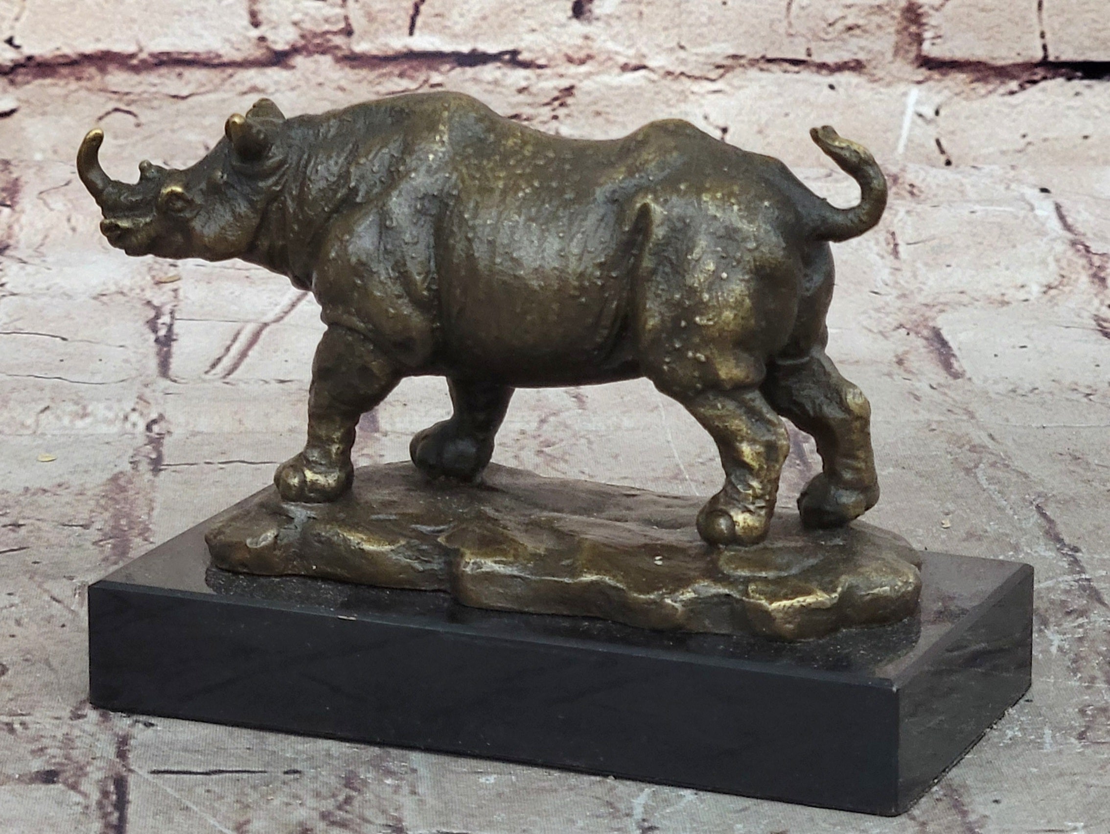 Bronze Rhino Rhinoceros Sculpture on Marble Base; Vintage Wildlife Figurine