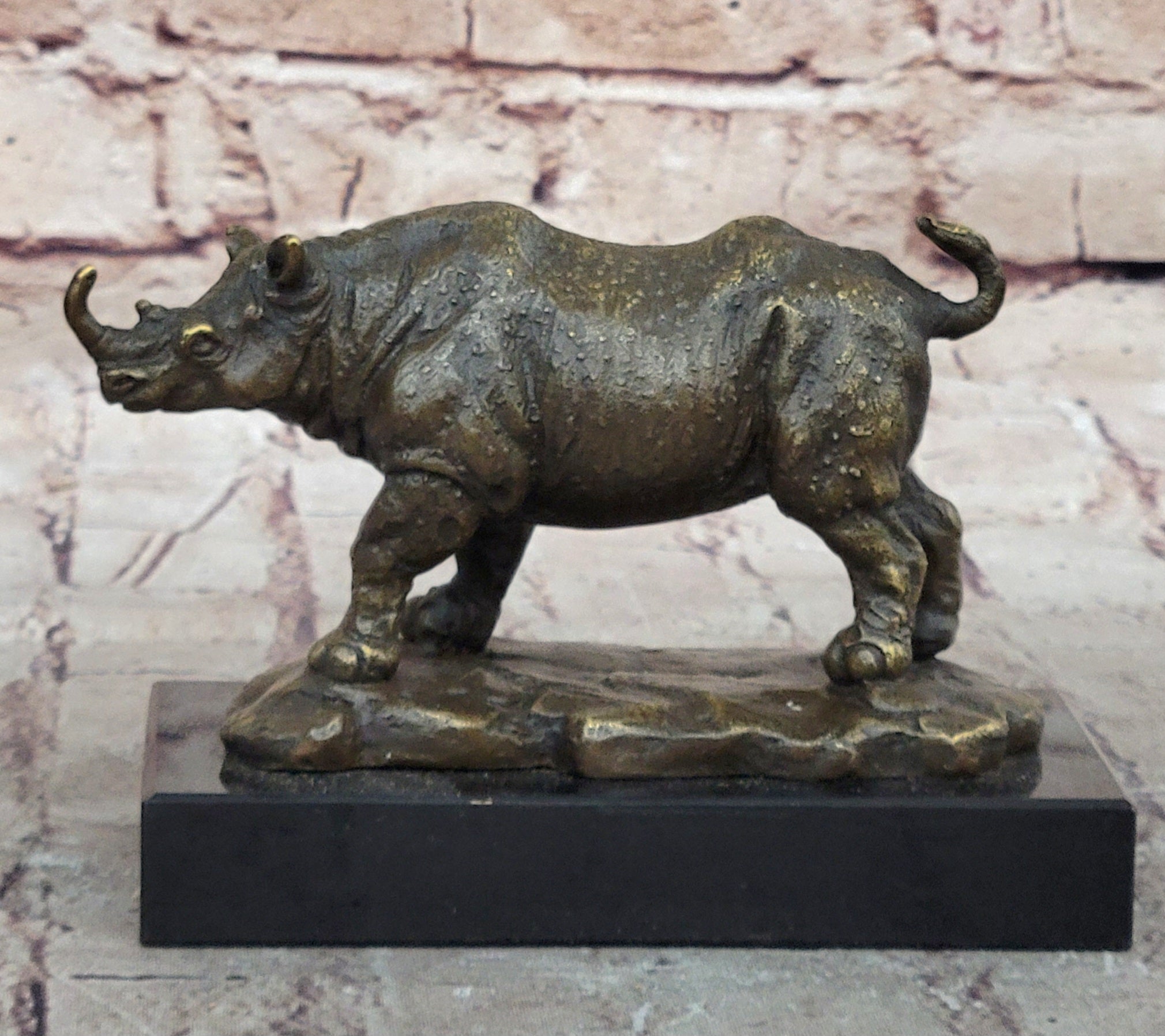 Bronze Rhino Rhinoceros Sculpture on Marble Base; Vintage Wildlife Figurine