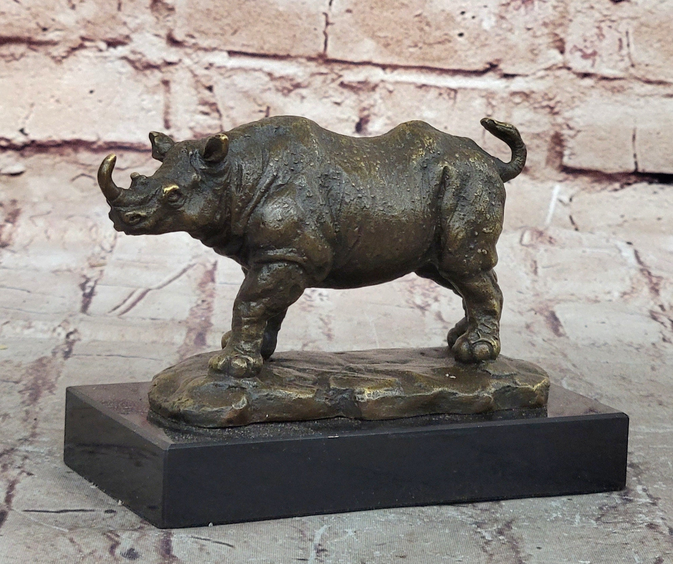 Bronze Rhino Rhinoceros Sculpture on Marble Base; Vintage Wildlife Figurine
