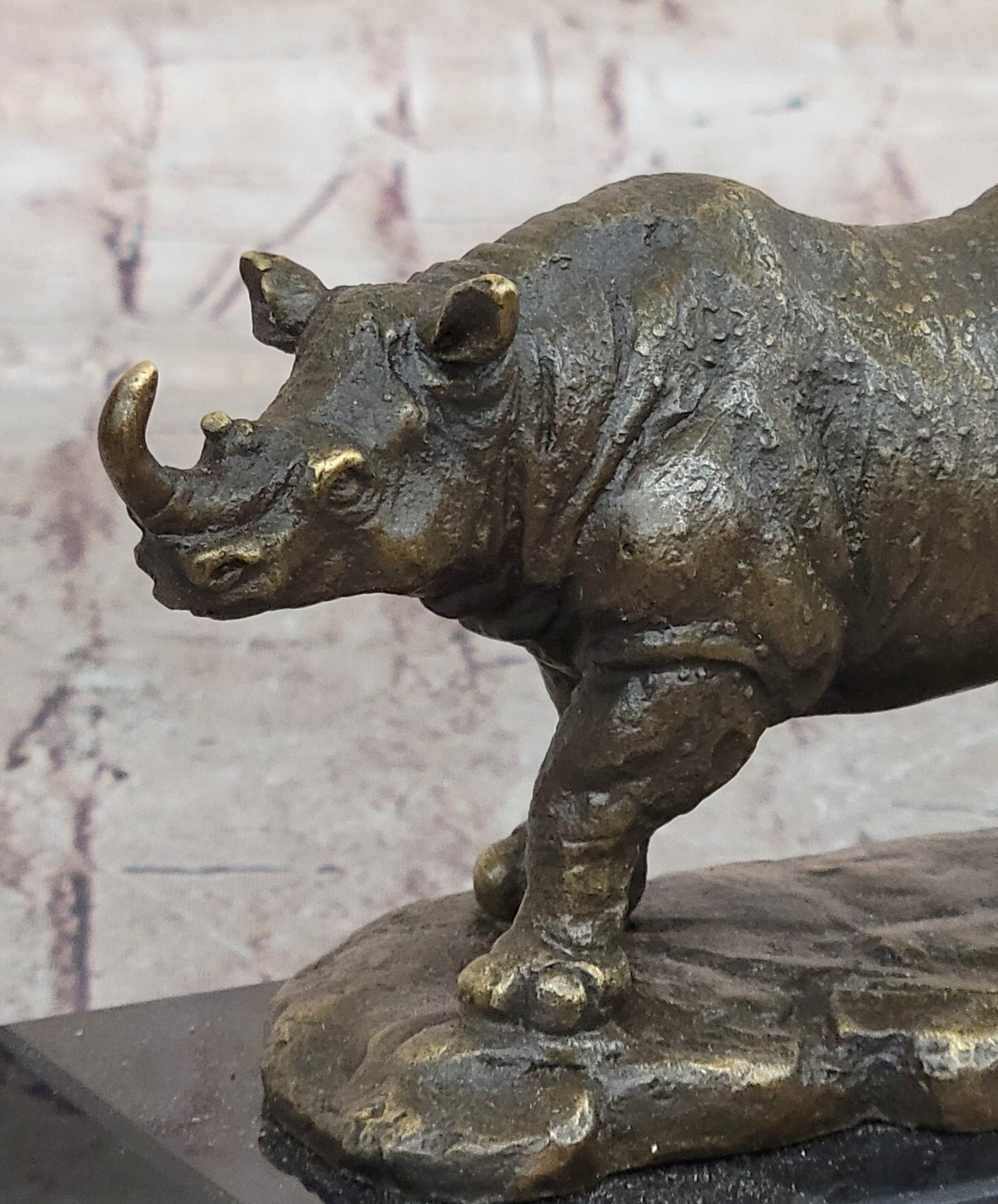 Bronze Rhino Rhinoceros Sculpture on Marble Base; Vintage Wildlife Figurine