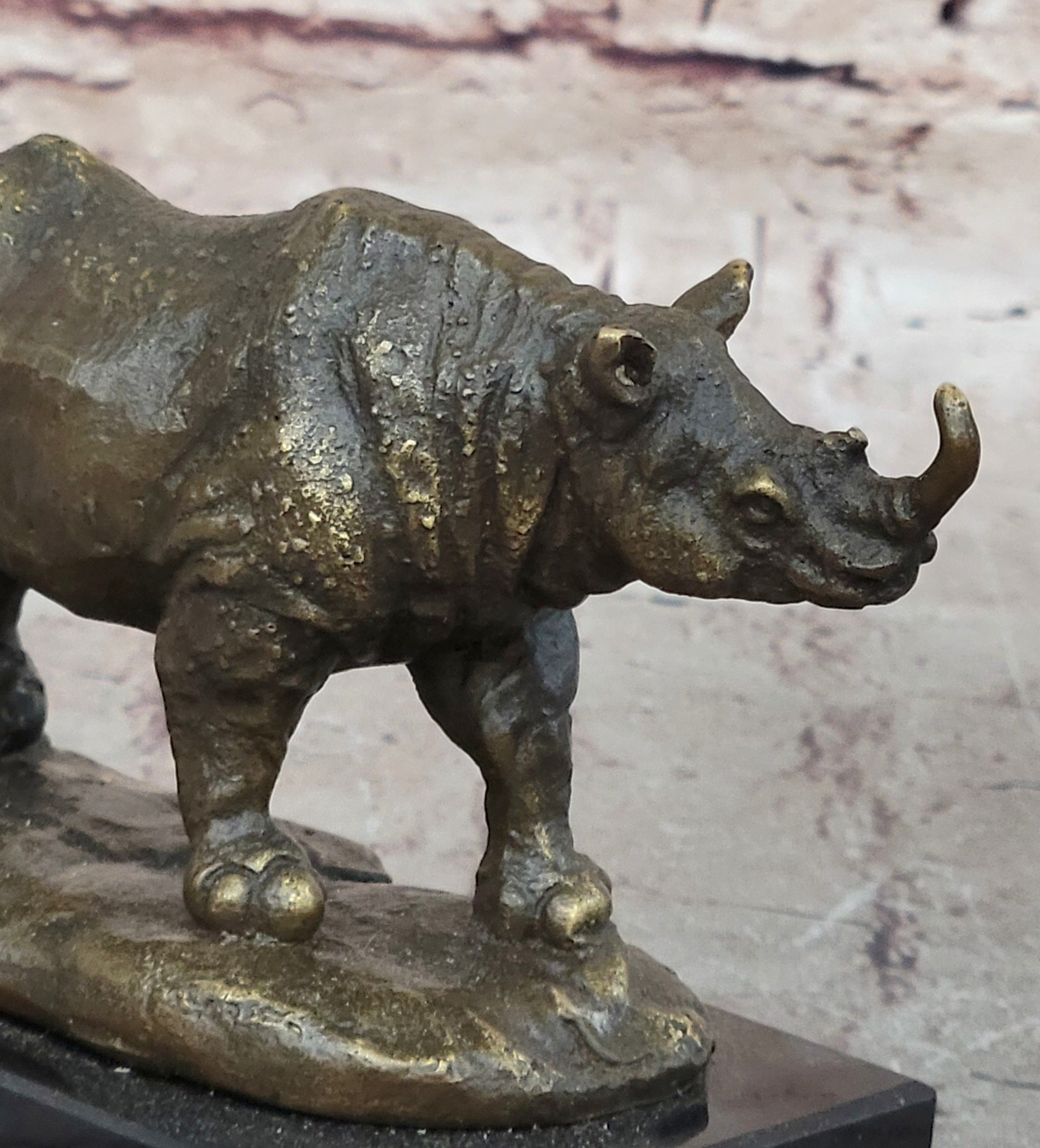 Bronze Rhino Rhinoceros Sculpture on Marble Base; Vintage Wildlife Figurine