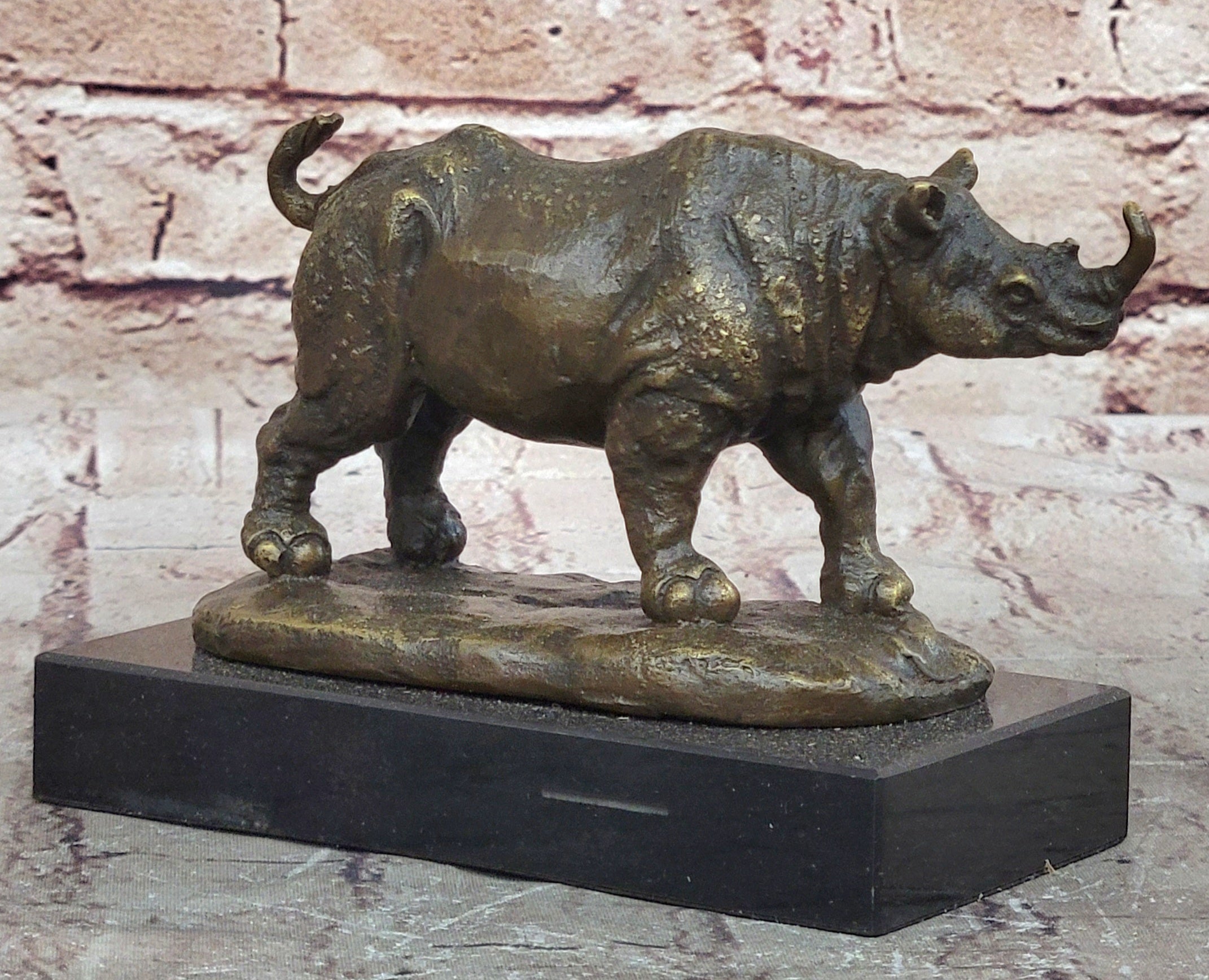 Bronze Rhino Rhinoceros Sculpture on Marble Base; Vintage Wildlife Figurine