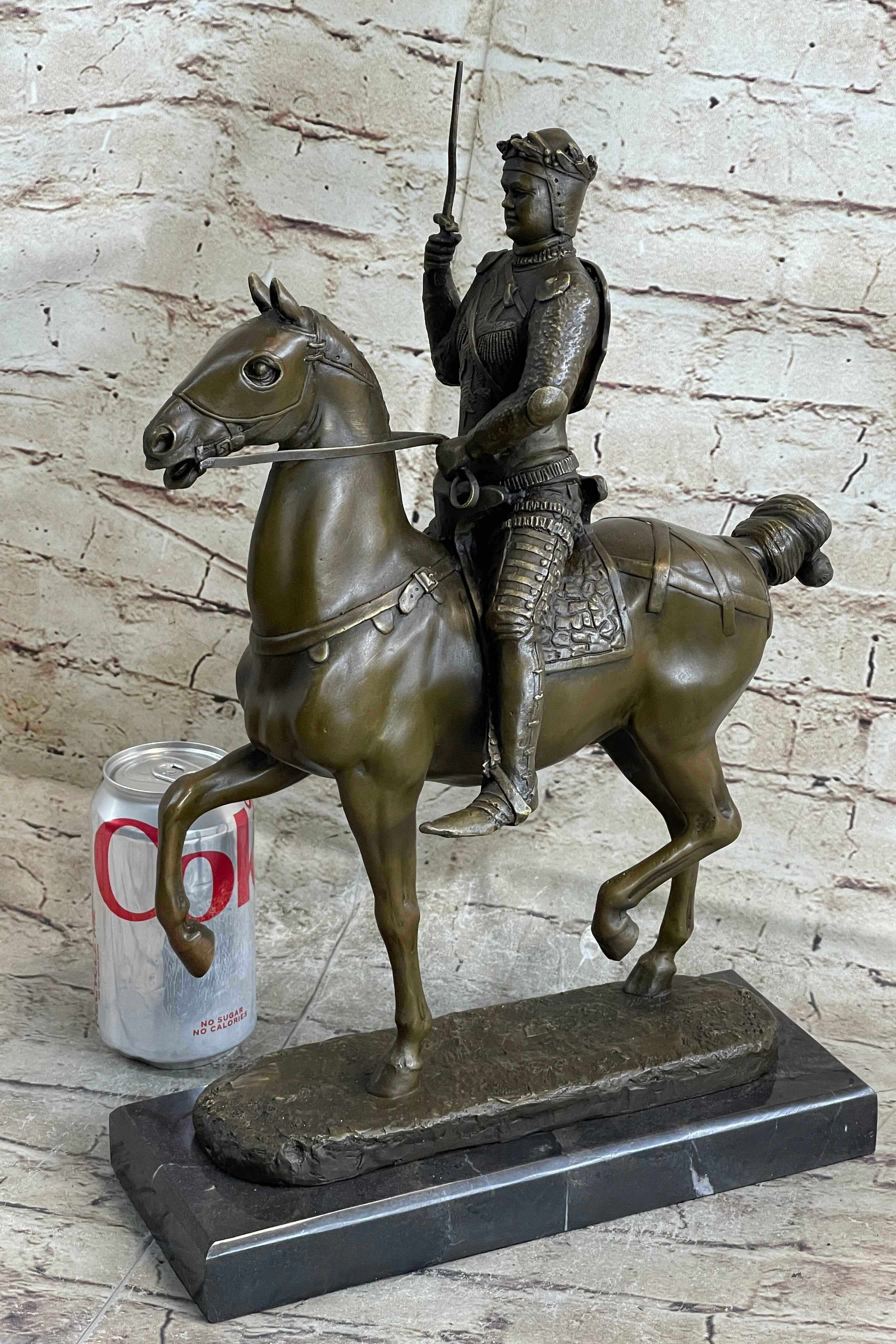 Medieval European Warrior King Arthur on Horseback Bronze Statue Sculpture 16" x 10"