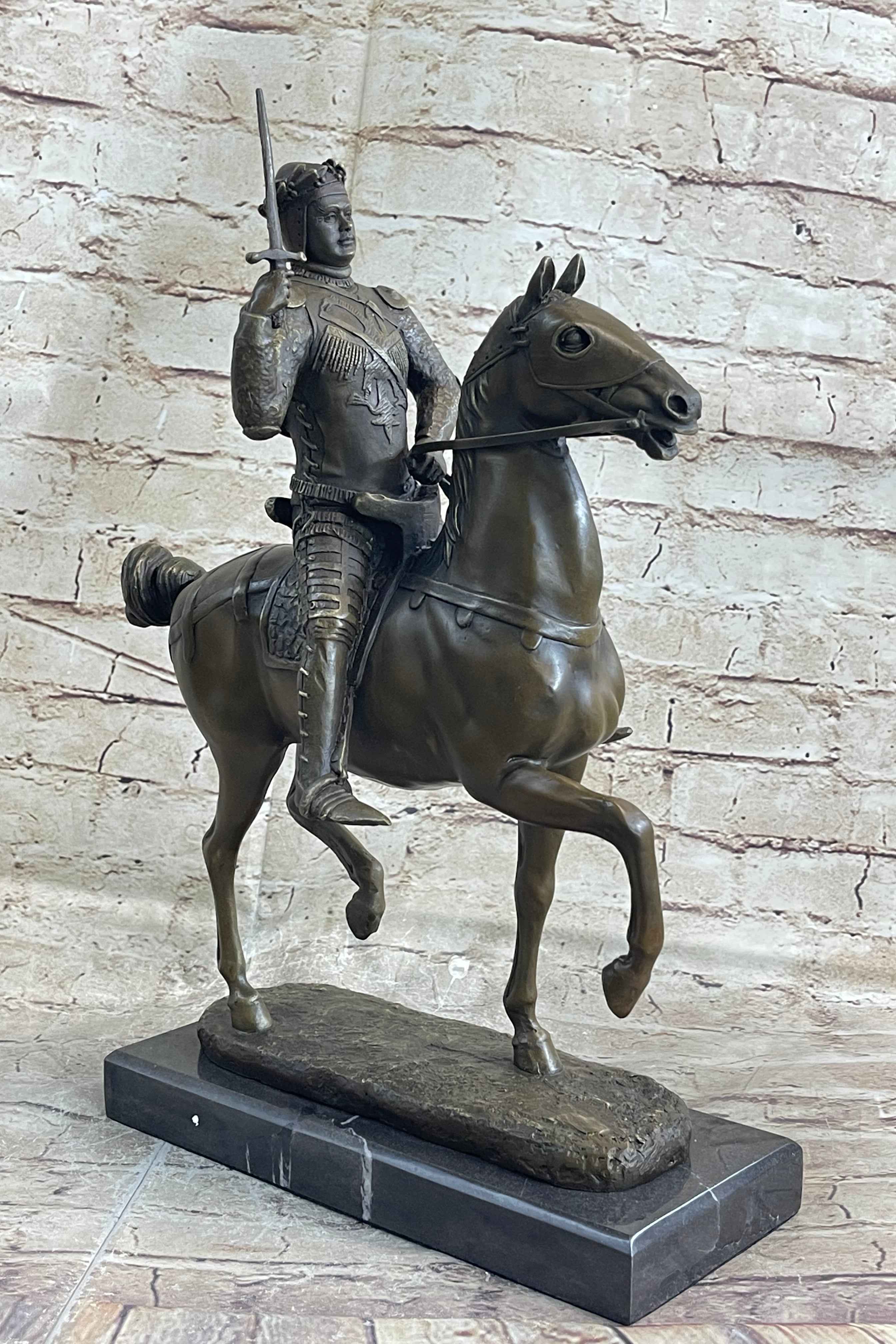 Medieval European Warrior King Arthur on Horseback Bronze Statue Sculpture 16" x 10"