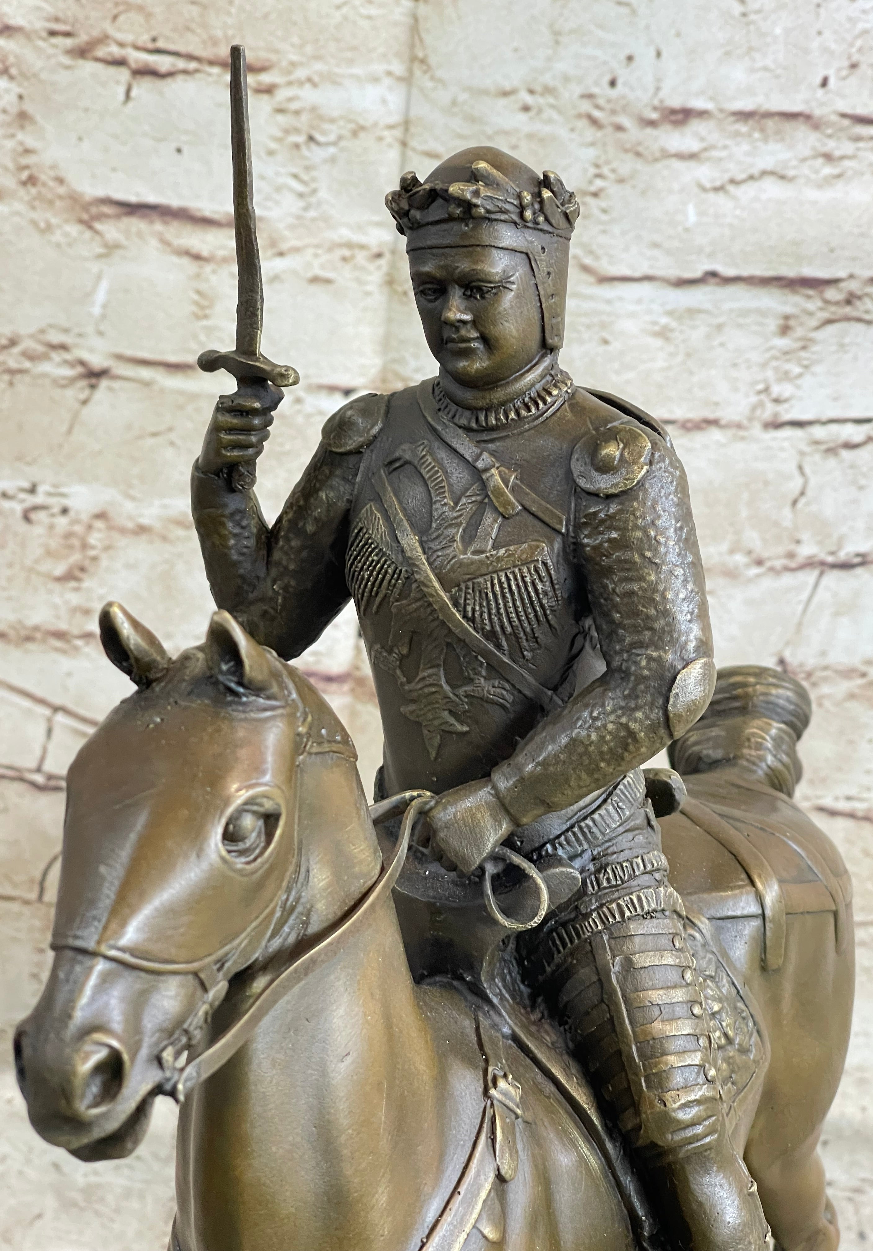Medieval European Warrior King Arthur on Horseback Bronze Statue Sculpture 16" x 10"