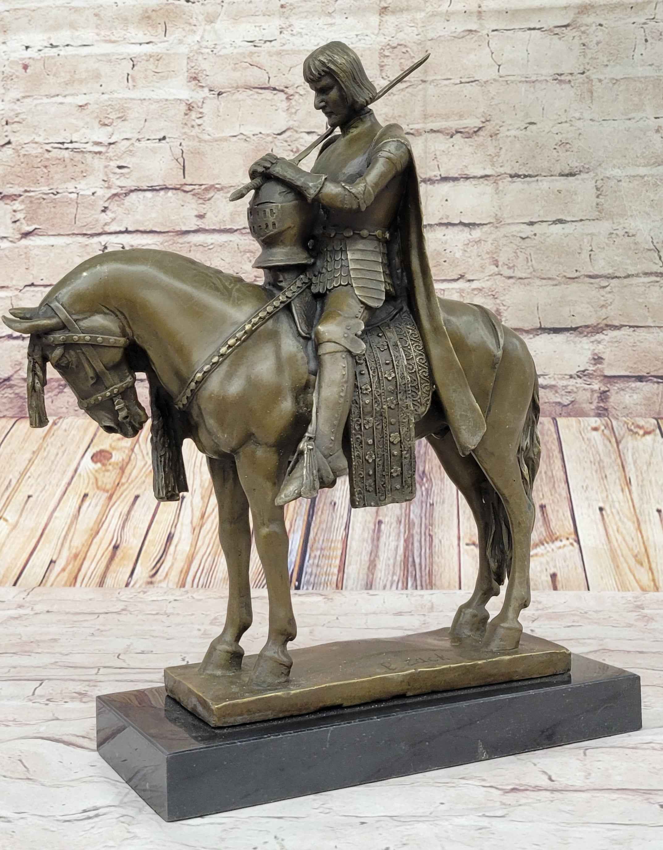 King Arthur Knight in Armor on Horseback Bronze Statue Sculpture Figure 15" x 12"