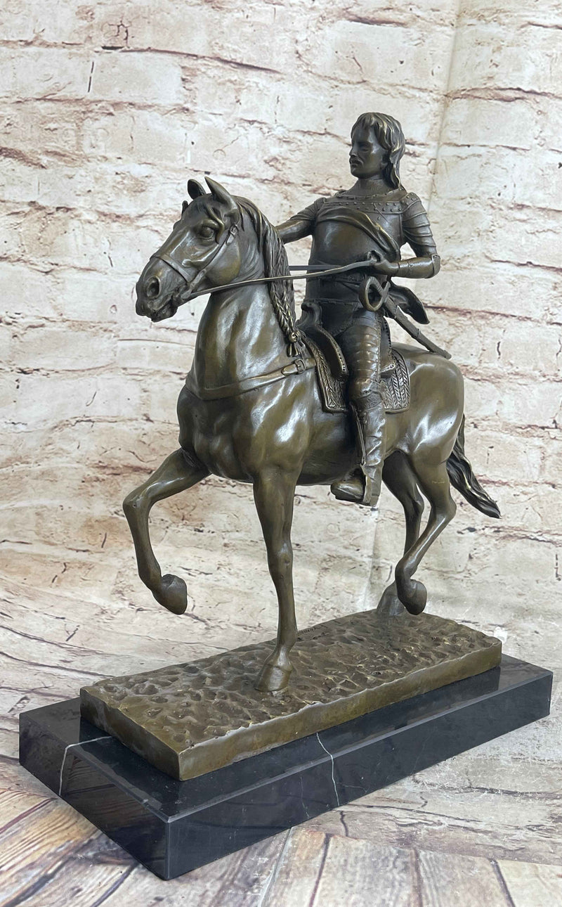 Medieval Armored Knight on Horseback Bronze Statue Sculpture Marble Base 15" x 12"