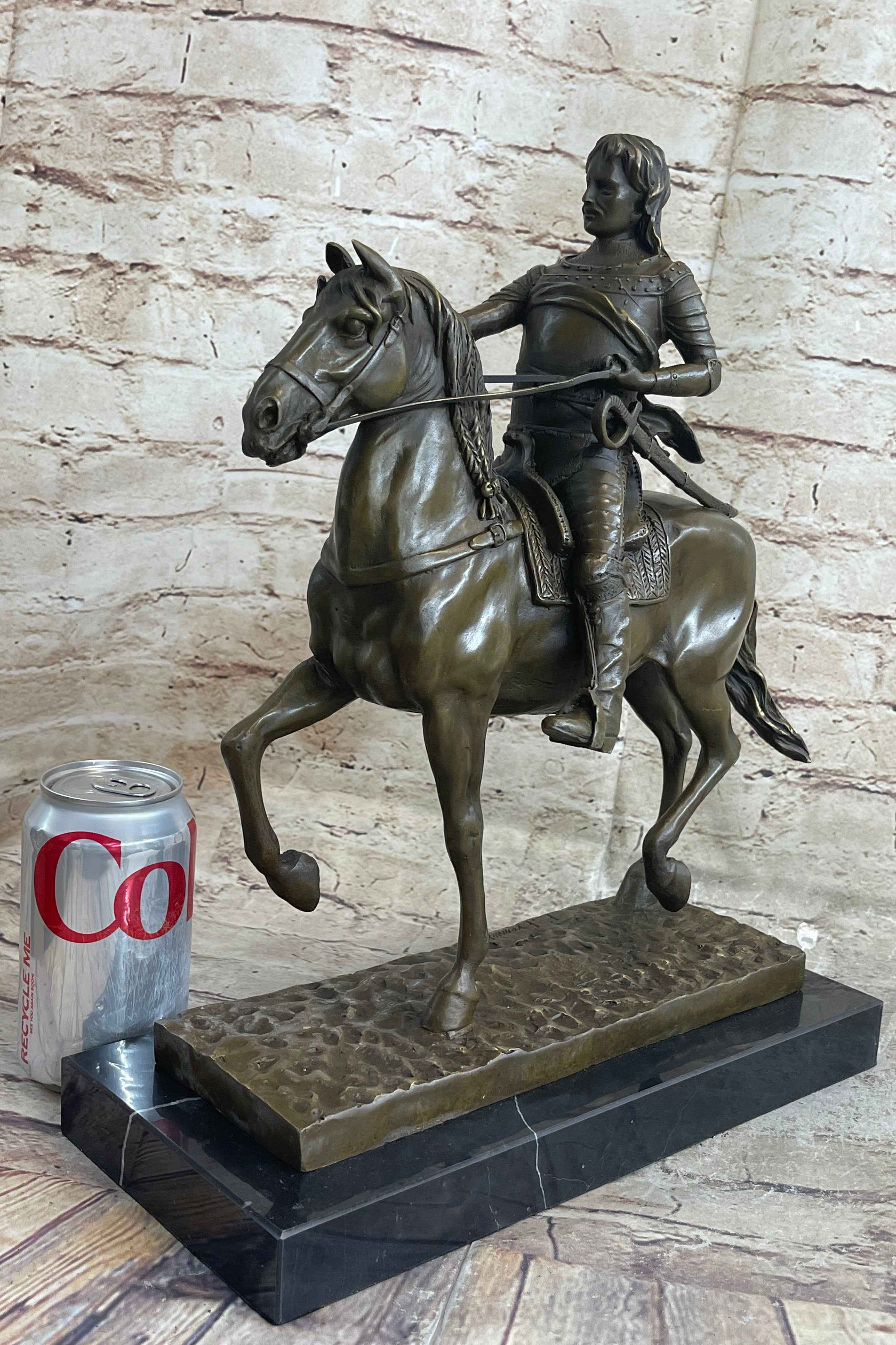 Medieval Armored Knight on Horseback Bronze Statue Sculpture Marble Base 15" x 12"