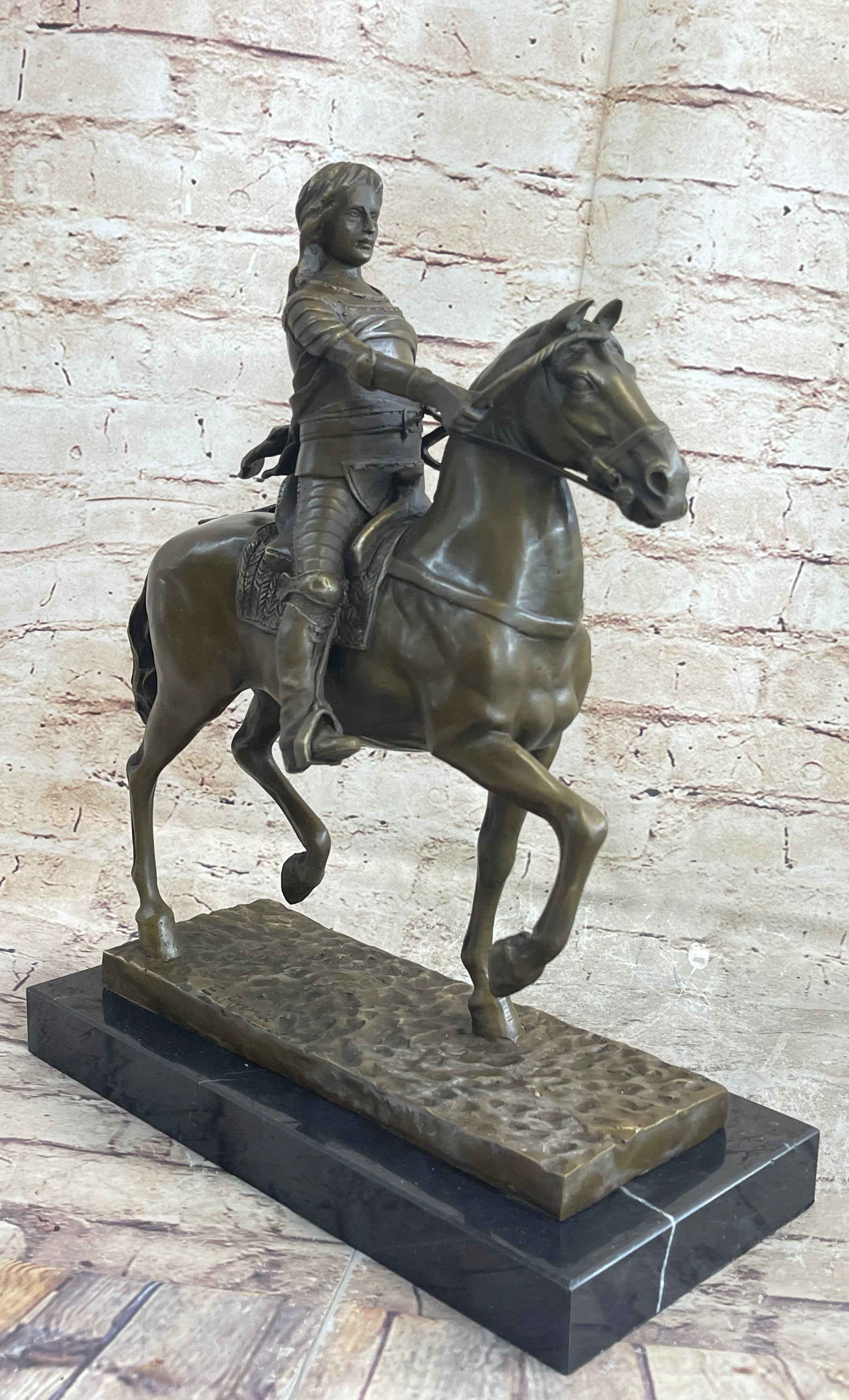 Medieval Armored Knight on Horseback Bronze Statue Sculpture Marble Base 15" x 12"