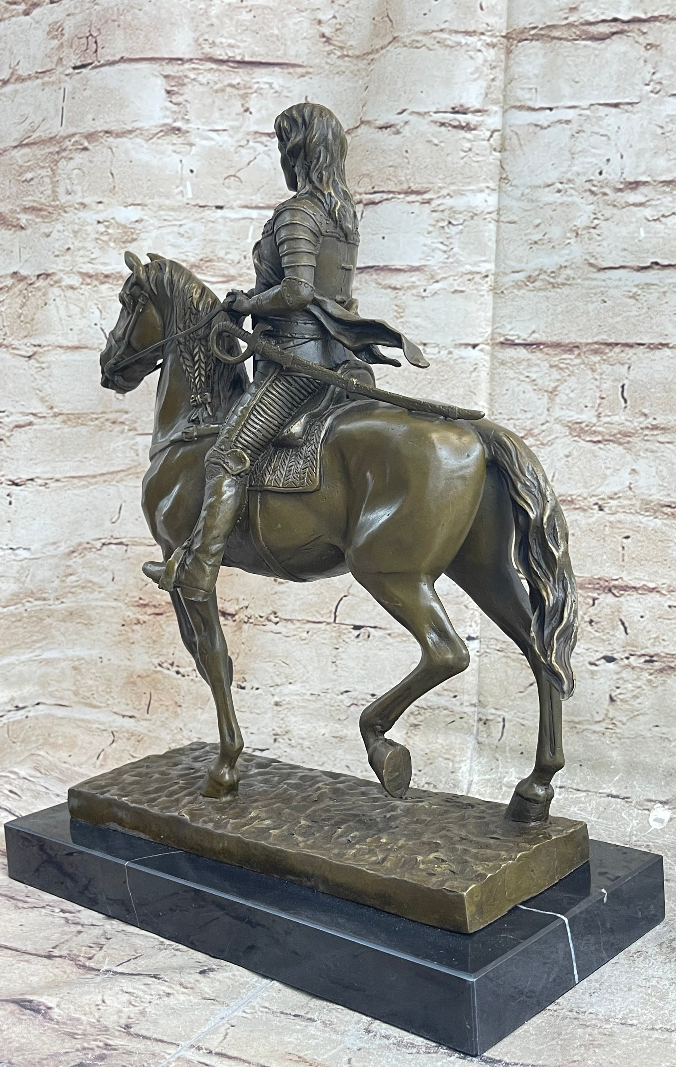 Medieval Armored Knight on Horseback Bronze Statue Sculpture Marble Base 15" x 12"