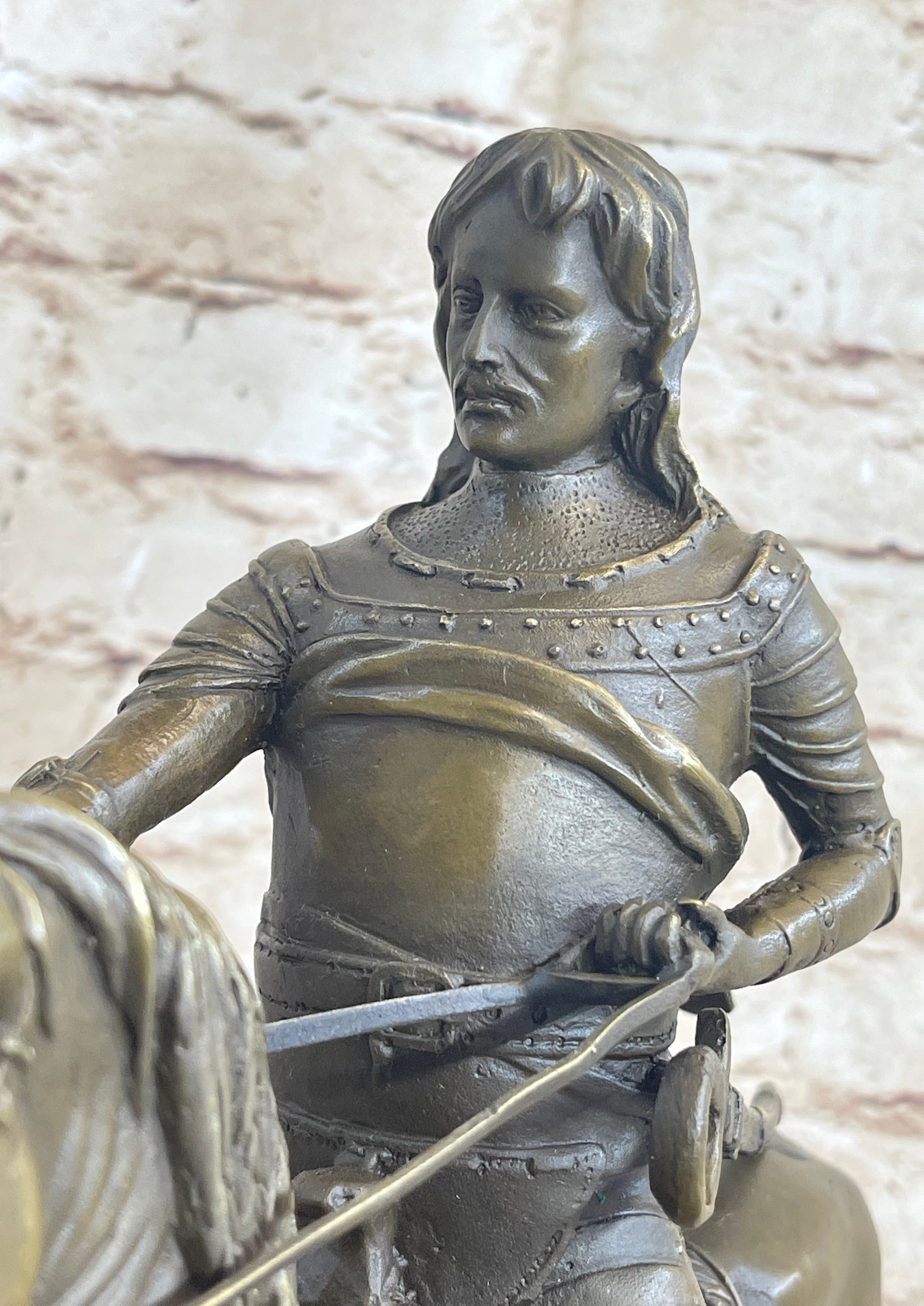 Medieval Armored Knight on Horseback Bronze Statue Sculpture Marble Base 15" x 12"