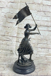 ROMAN CATHOLIC SAINT JOAN OF ARC Standing W/ Flag Sculpture Statue Bronze Figure