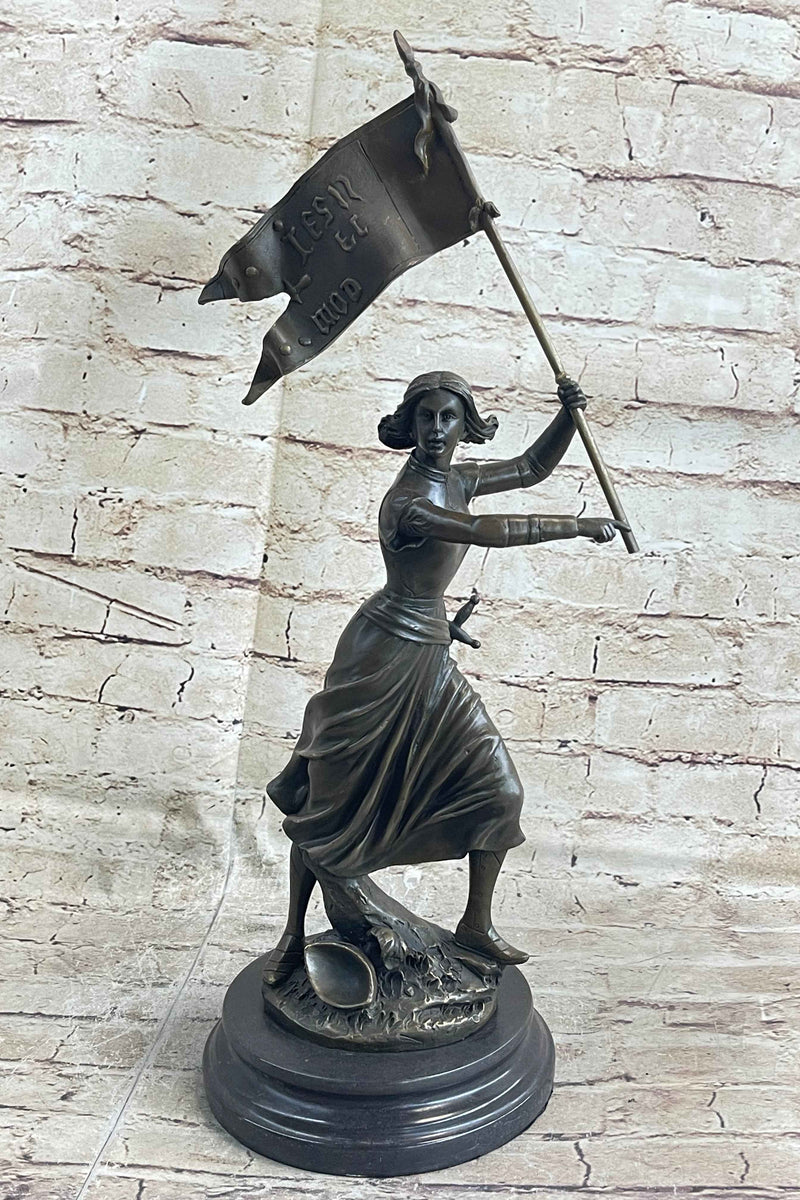 ROMAN CATHOLIC SAINT JOAN OF ARC Standing W/ Flag Sculpture Statue Bronze Figure