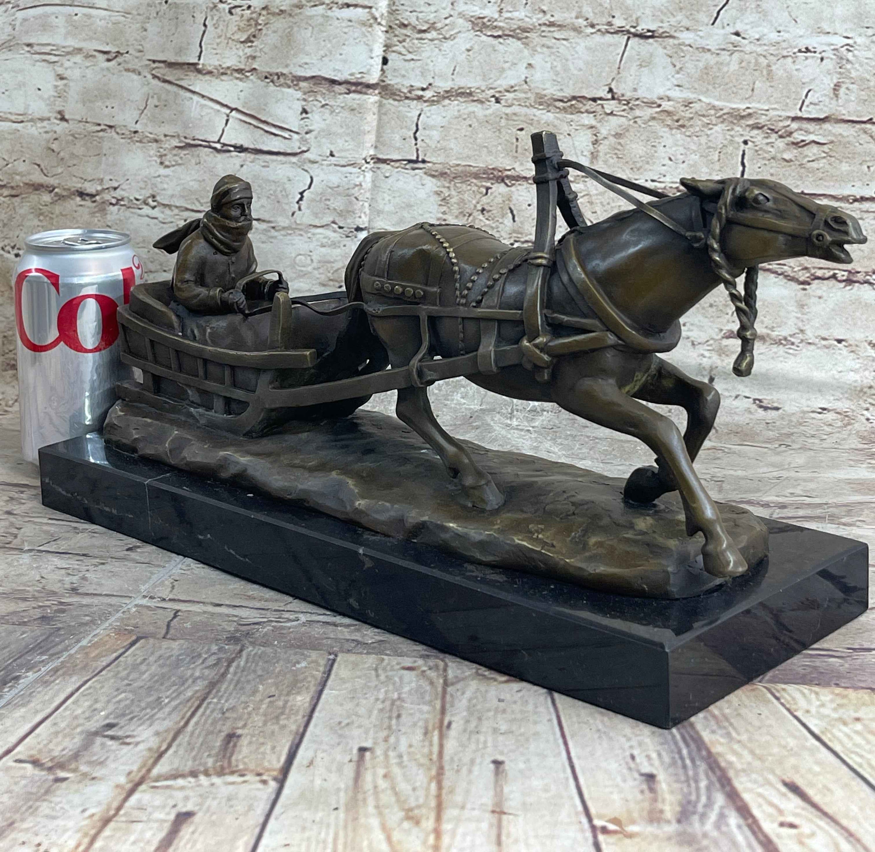 Large Russian Bronze - Man in Sleigh pulled by Horse - Signed Friedrich Gornik
