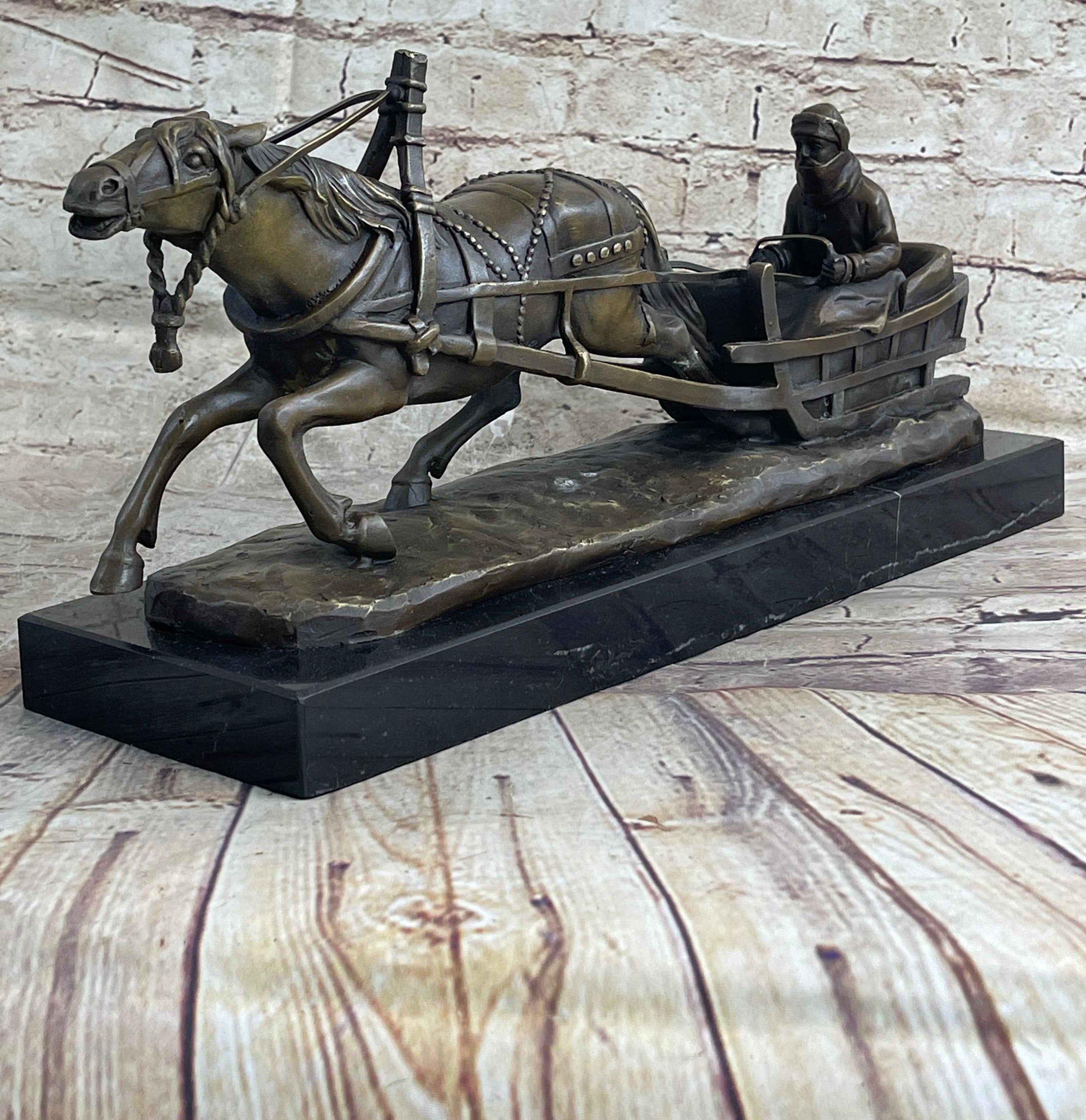 Large Russian Bronze - Man in Sleigh pulled by Horse - Signed Friedrich Gornik