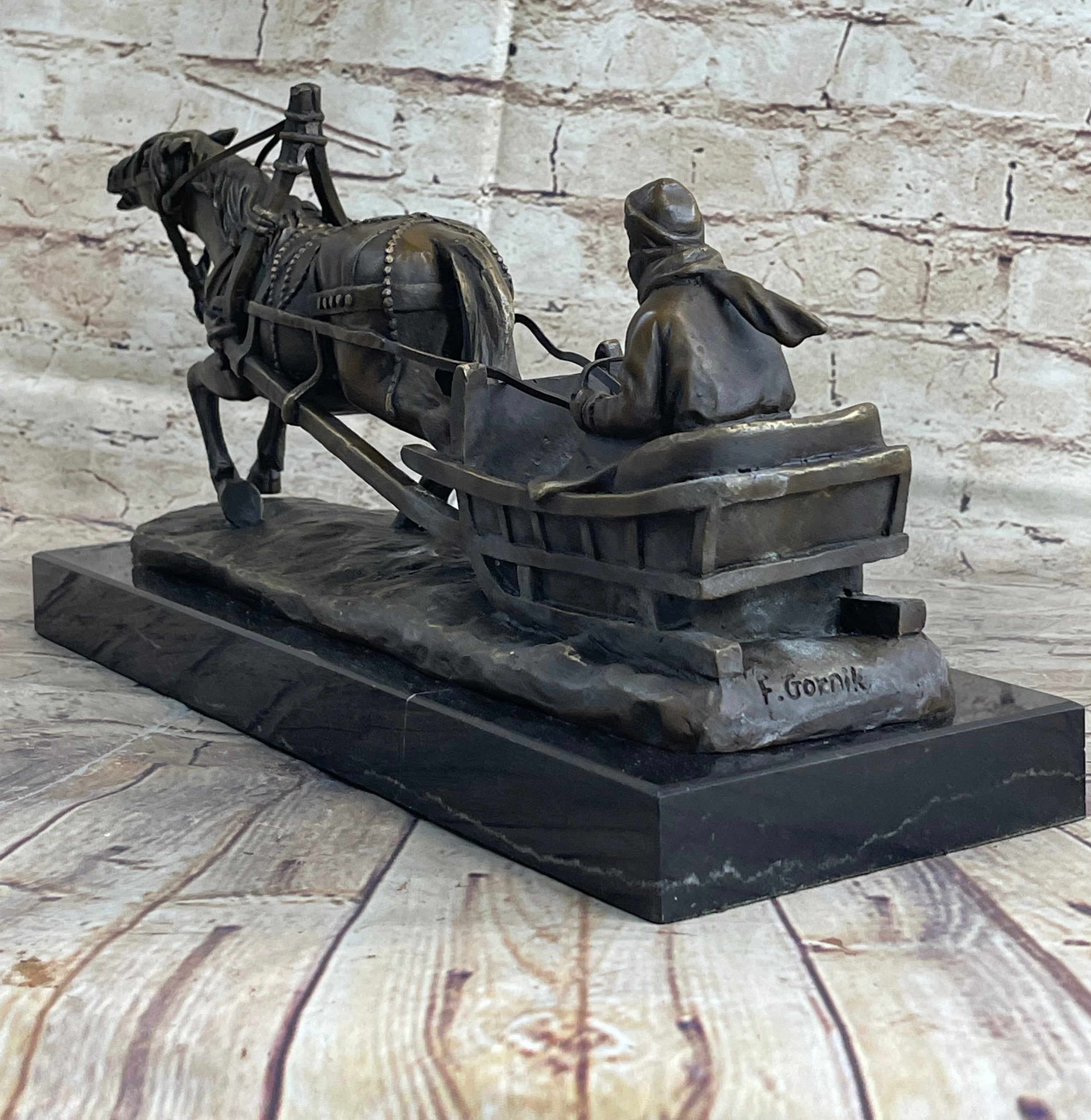 Large Russian Bronze - Man in Sleigh pulled by Horse - Signed Friedrich Gornik
